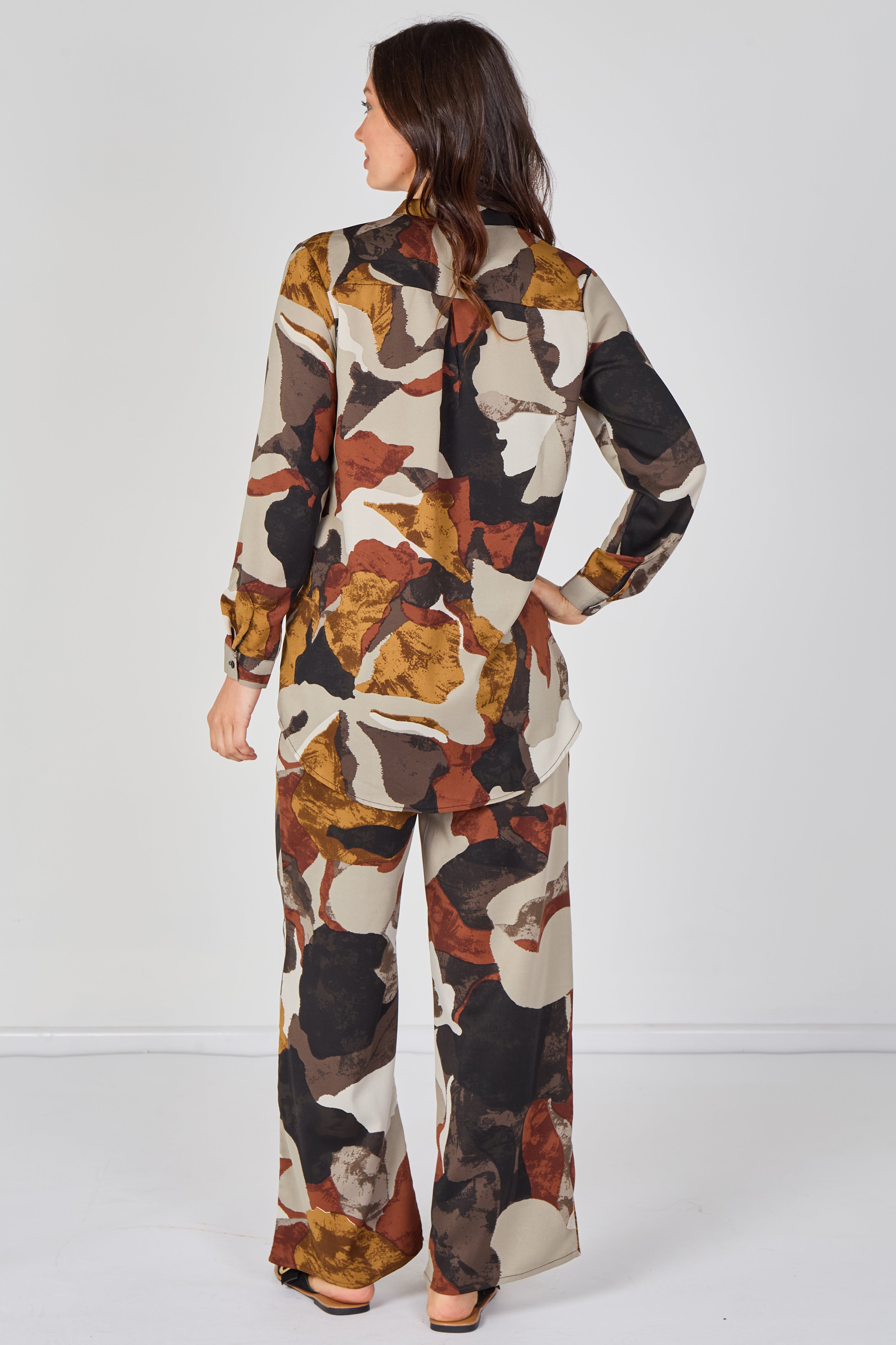 8Pcs Taupe Abstract Print Shirt and Trouser Co-Ord Set