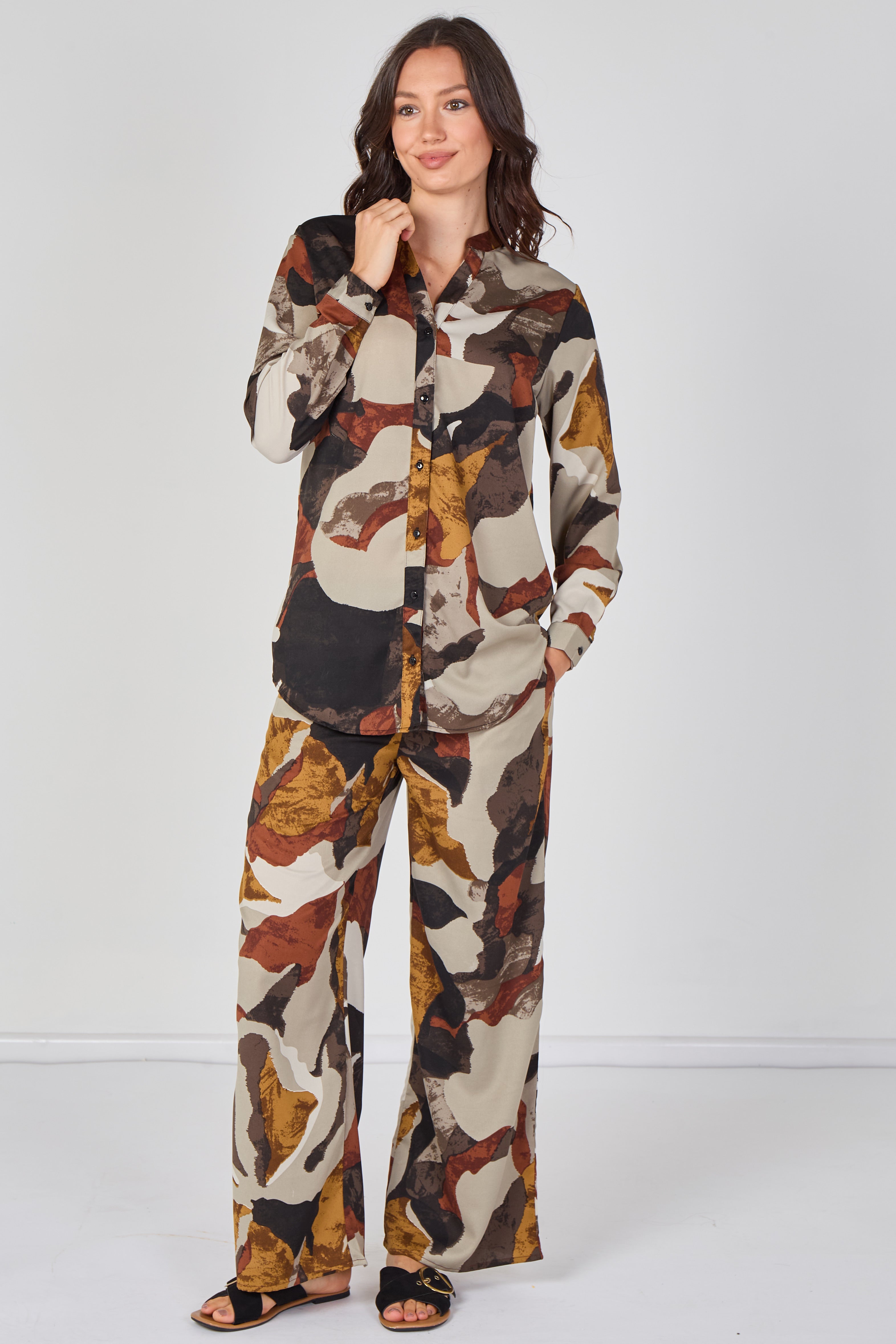 8Pcs Taupe Abstract Print Shirt and Trouser Co-Ord Set