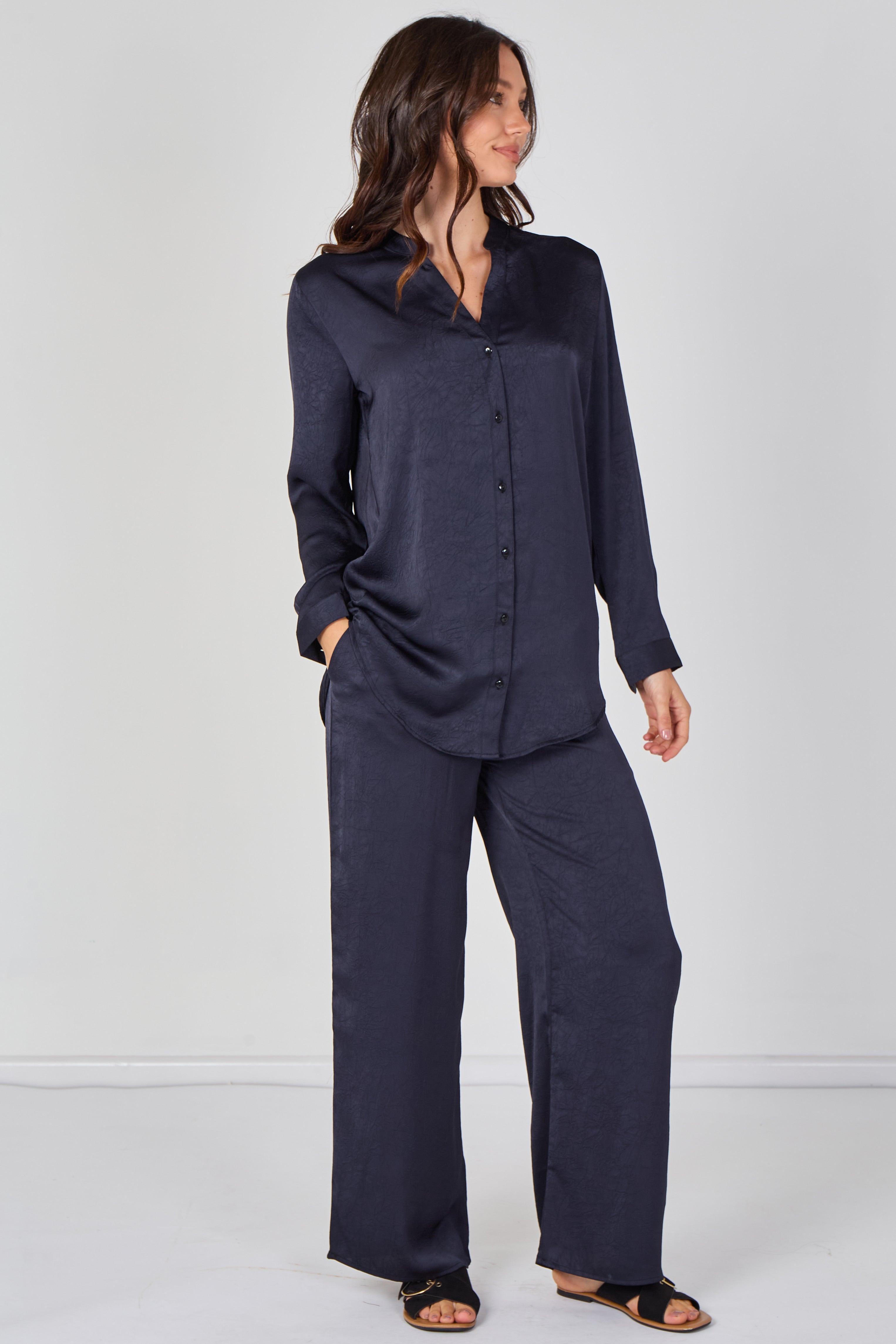 8Pcs Navy Satin Shirt & Straight Leg Trousers Co-Ord Set