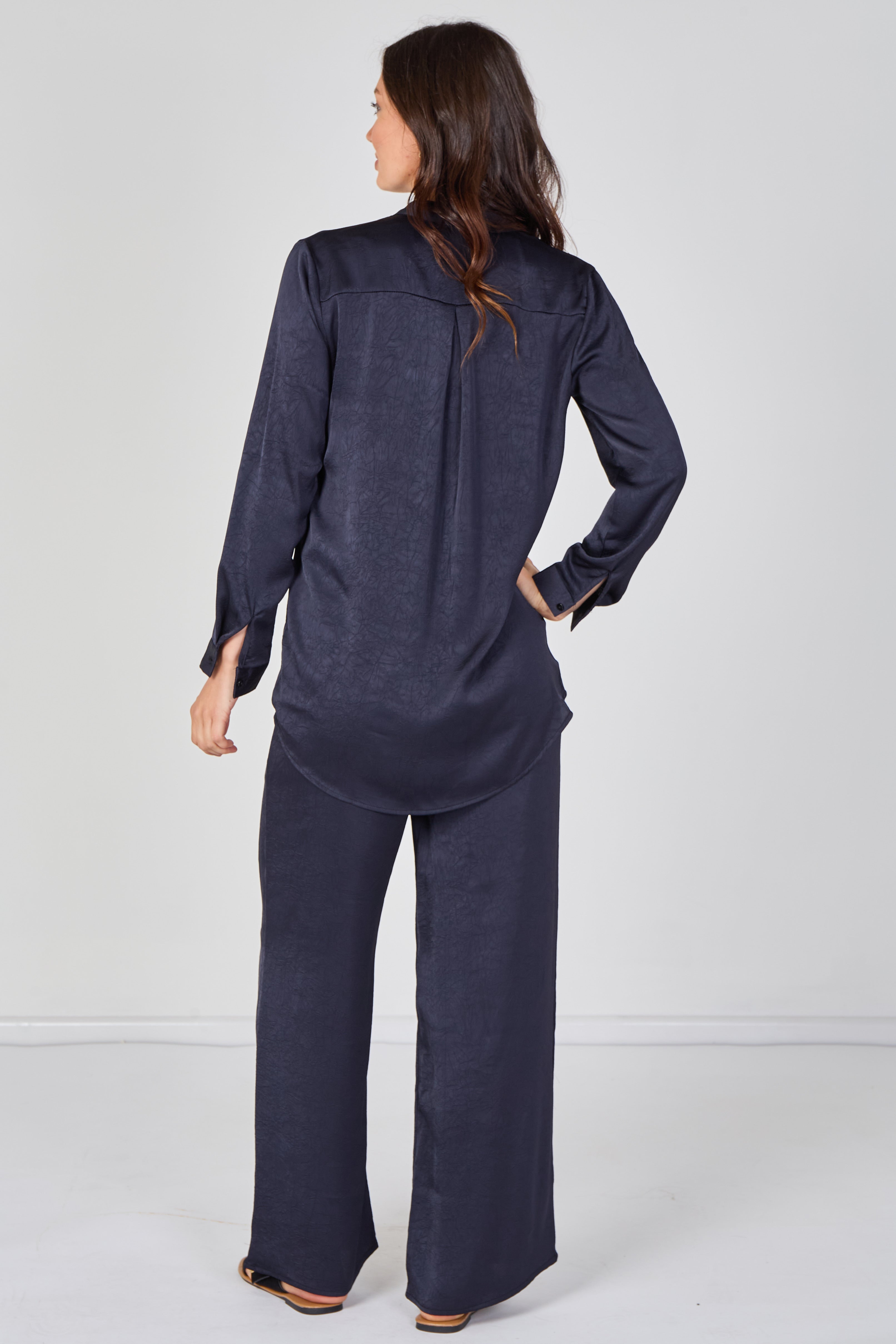 8Pcs Navy Satin Shirt & Straight Leg Trousers Co-Ord Set
