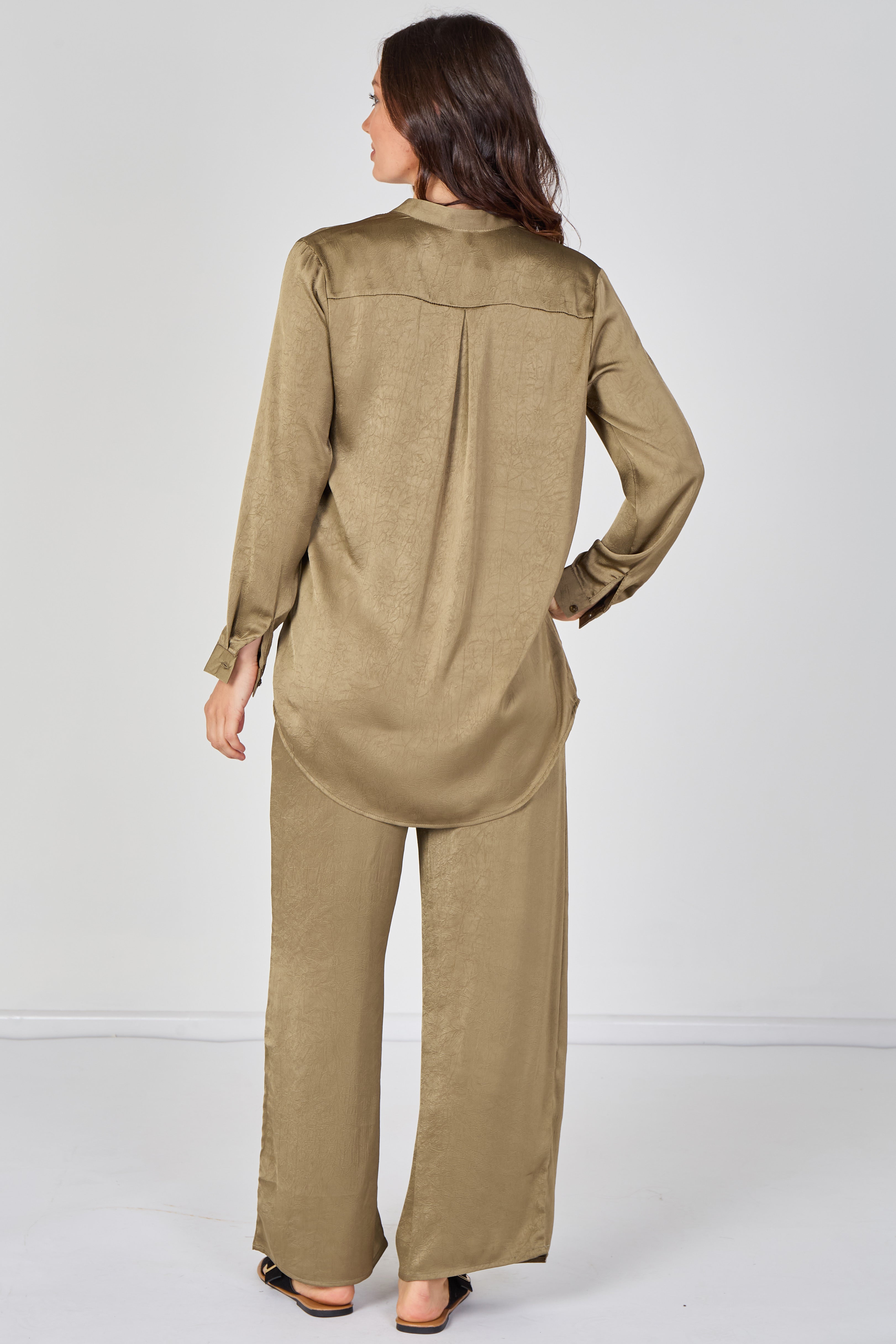 8Pcs Olive Satin Shirt & Straight Leg Trousers Co-Ord Set