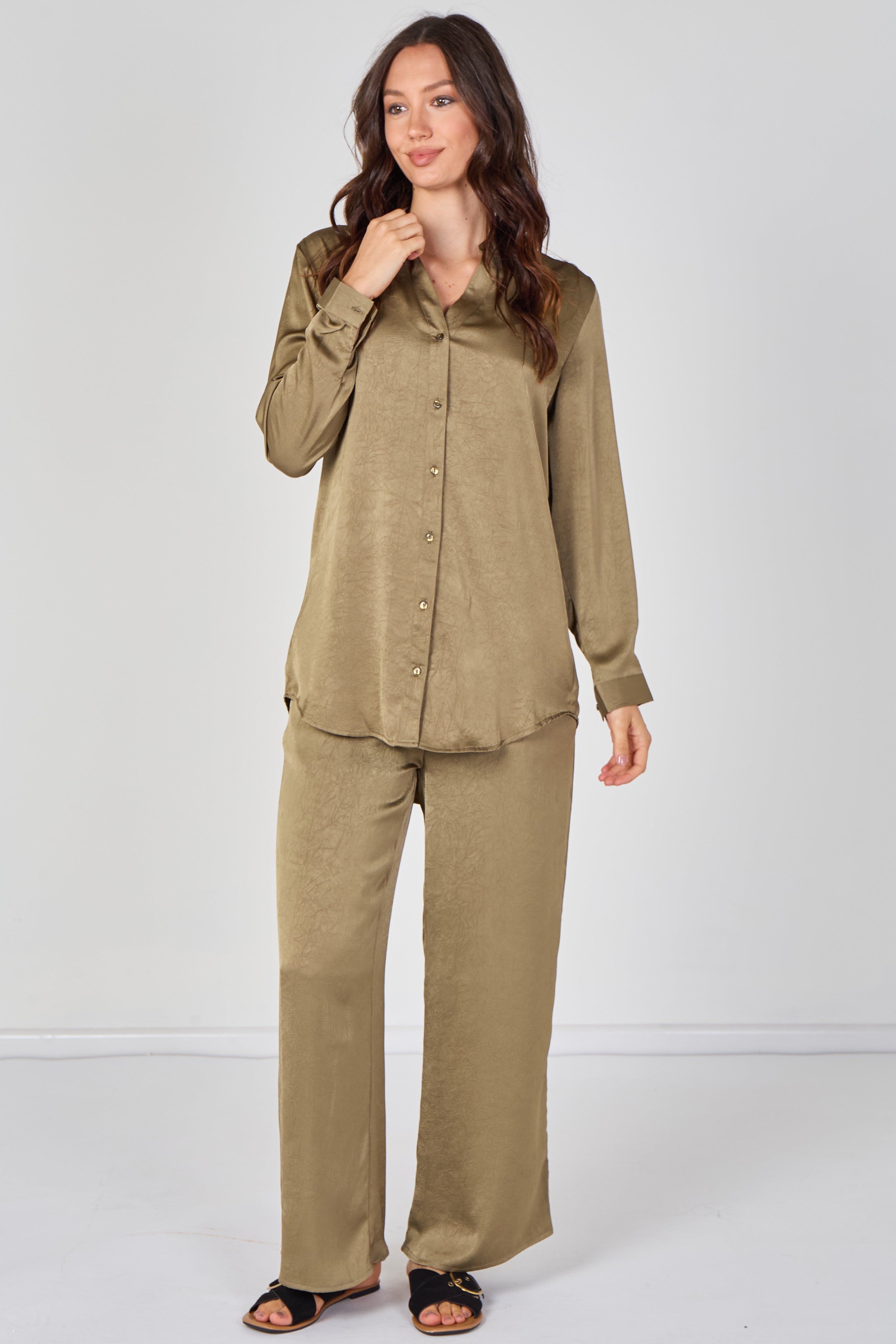 8Pcs Olive Satin Shirt & Straight Leg Trousers Co-Ord Set