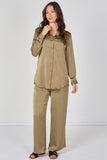 8Pcs Olive Satin Shirt & Straight Leg Trousers Co-Ord Set