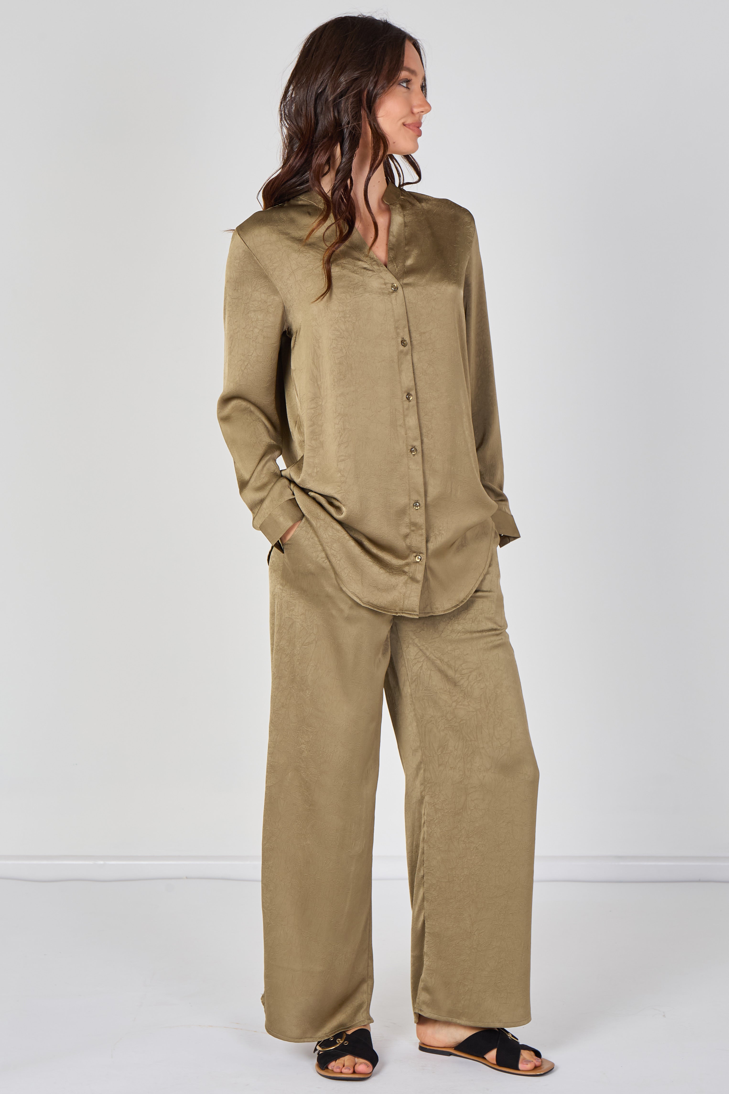 8Pcs Olive Satin Shirt & Straight Leg Trousers Co-Ord Set