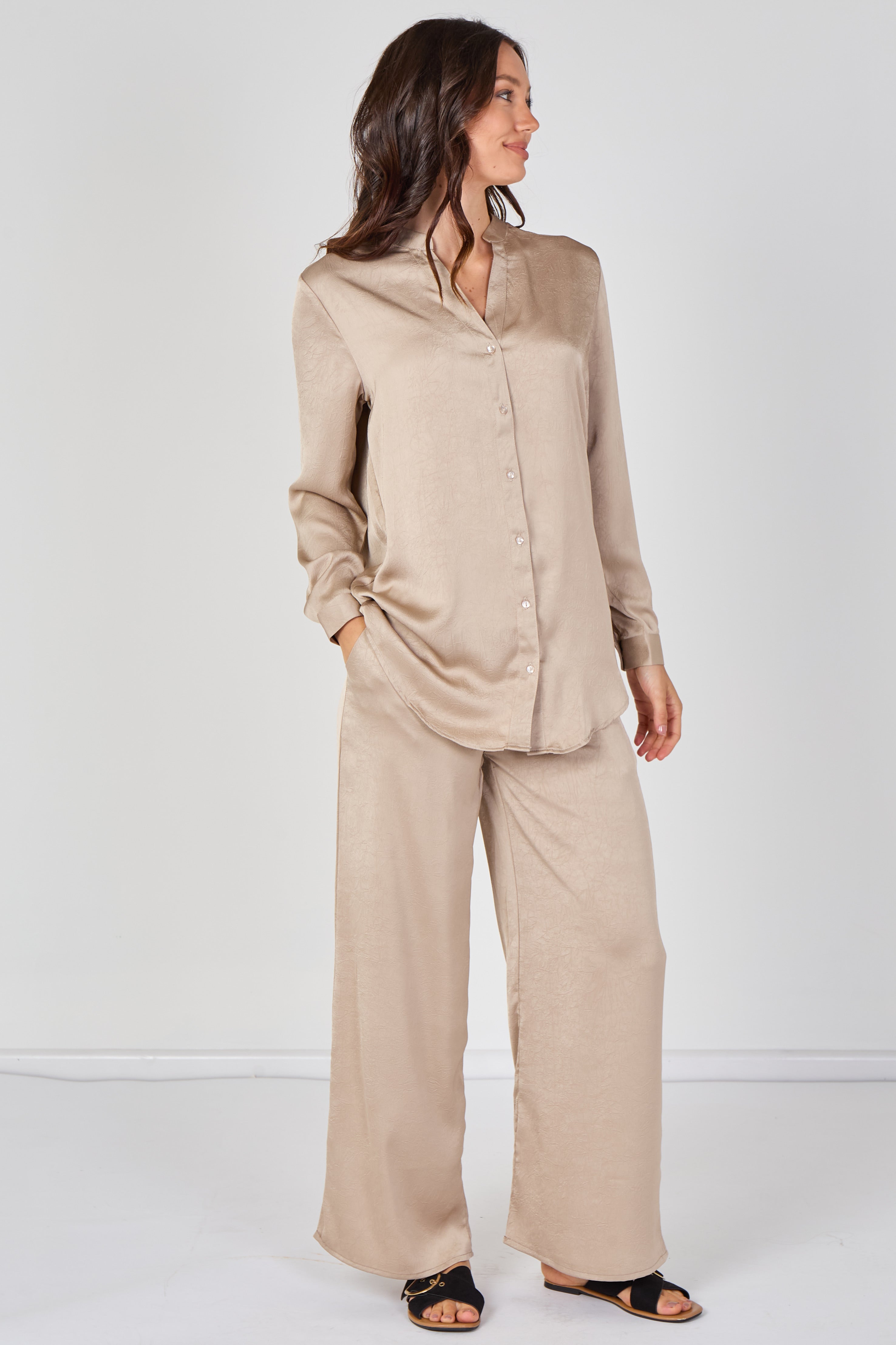 8Pcs Beige Satin Shirt & Straight Leg Trousers Co-Ord Set