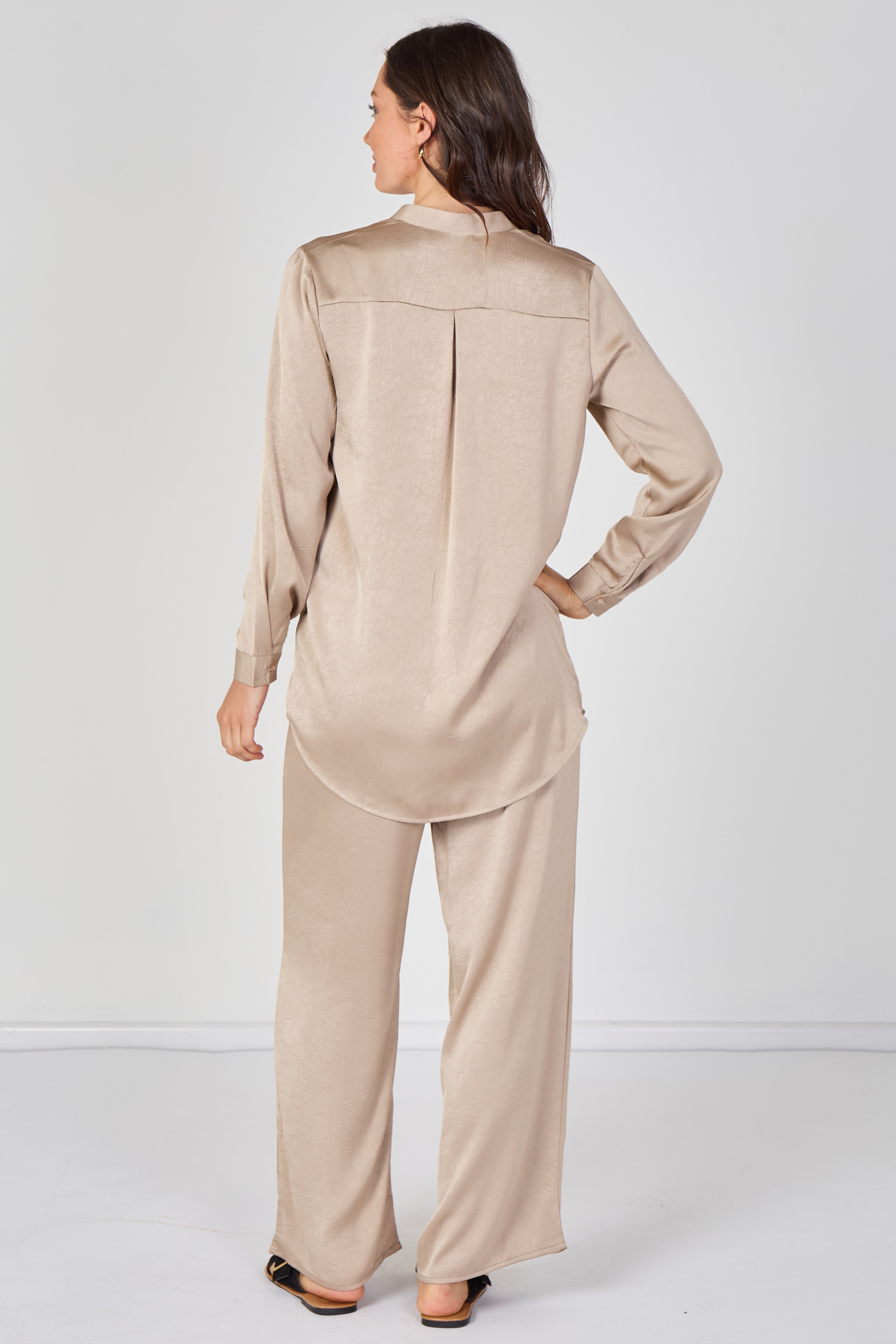 8Pcs Beige Satin Shirt & Straight Leg Trousers Co-Ord Set