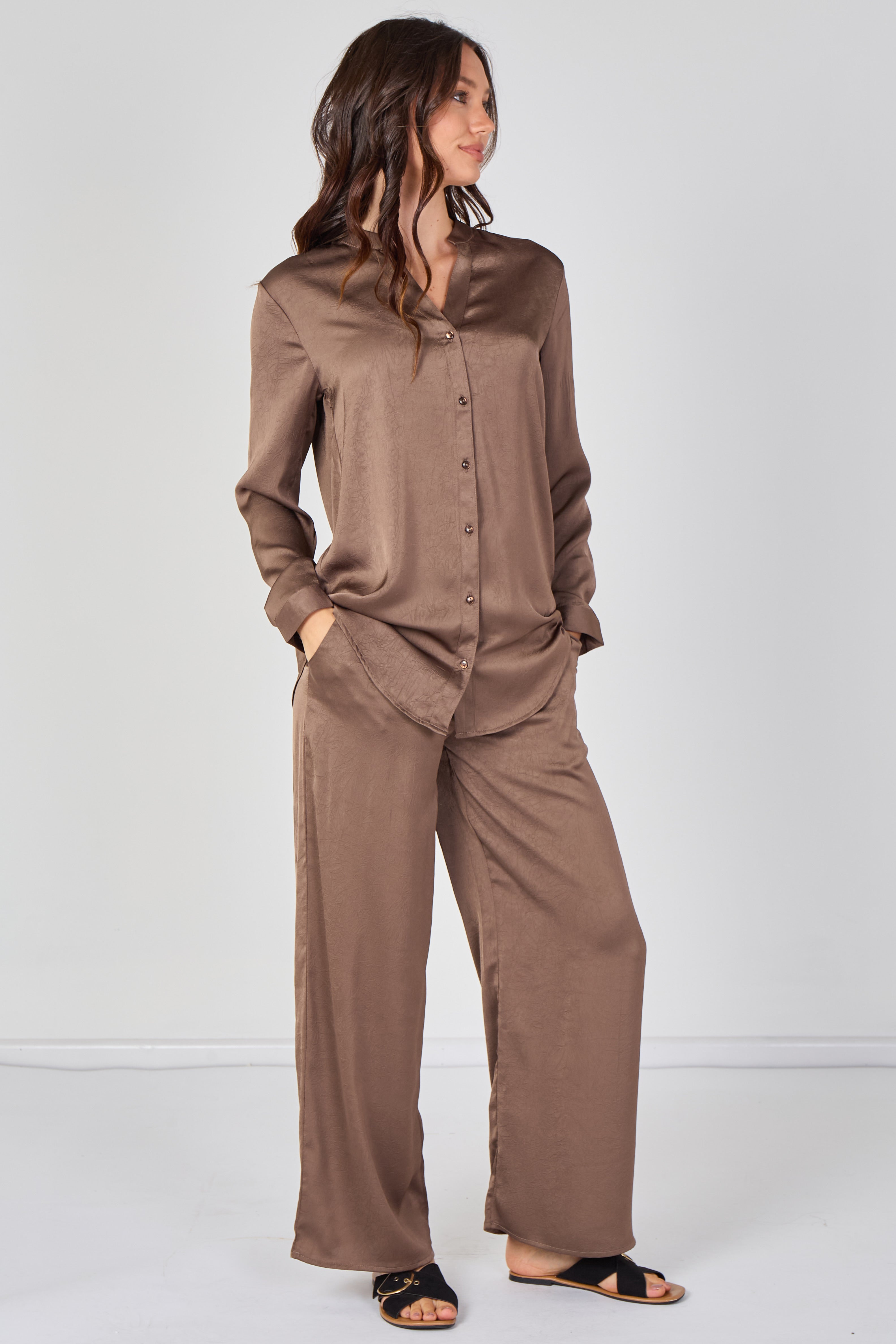 8Pcs Mocha Satin Shirt & Straight Leg Trousers Co-Ord Set