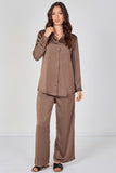 8Pcs Mocha Satin Shirt & Straight Leg Trousers Co-Ord Set