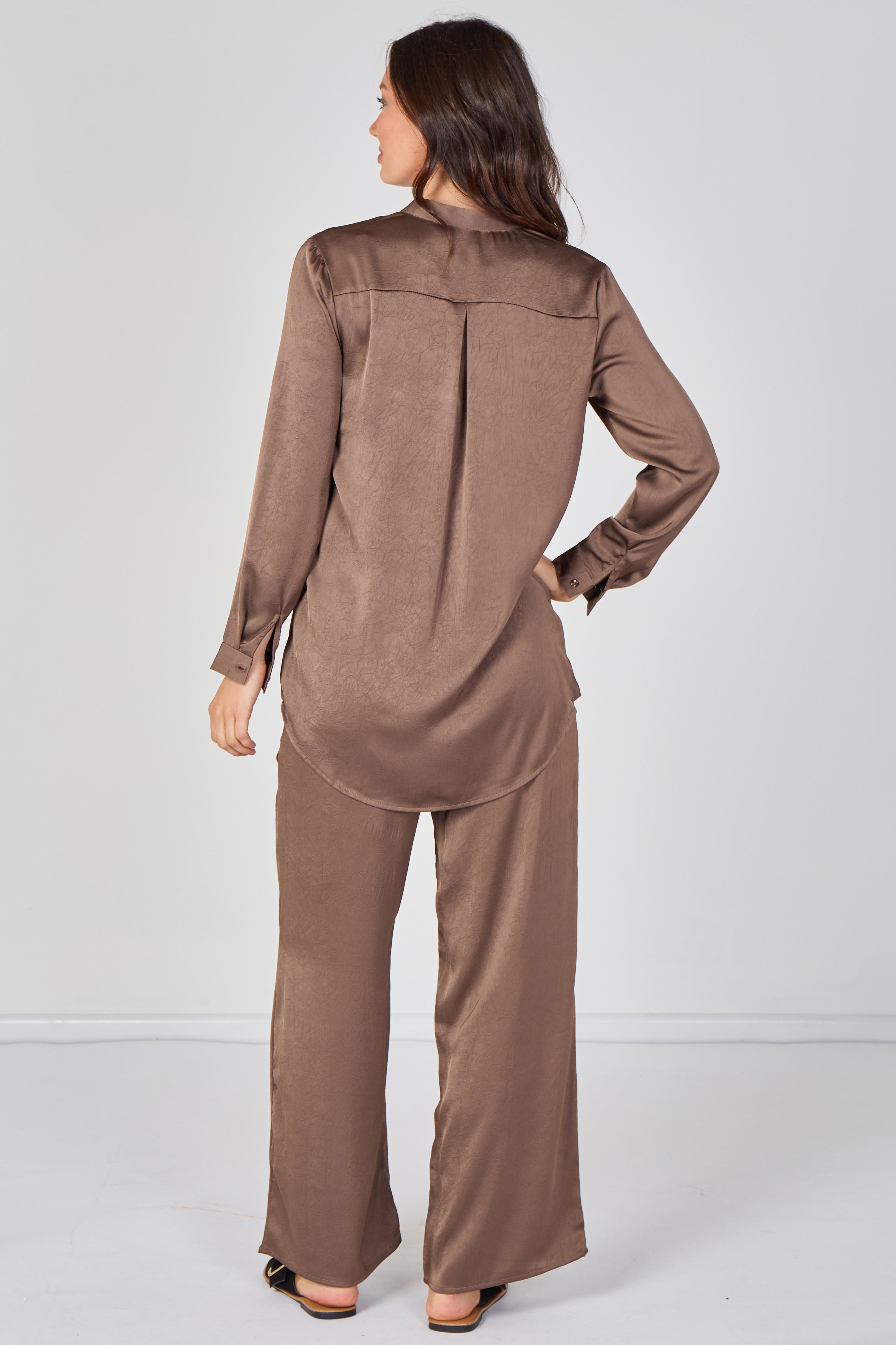 8Pcs Mocha Satin Shirt & Straight Leg Trousers Co-Ord Set
