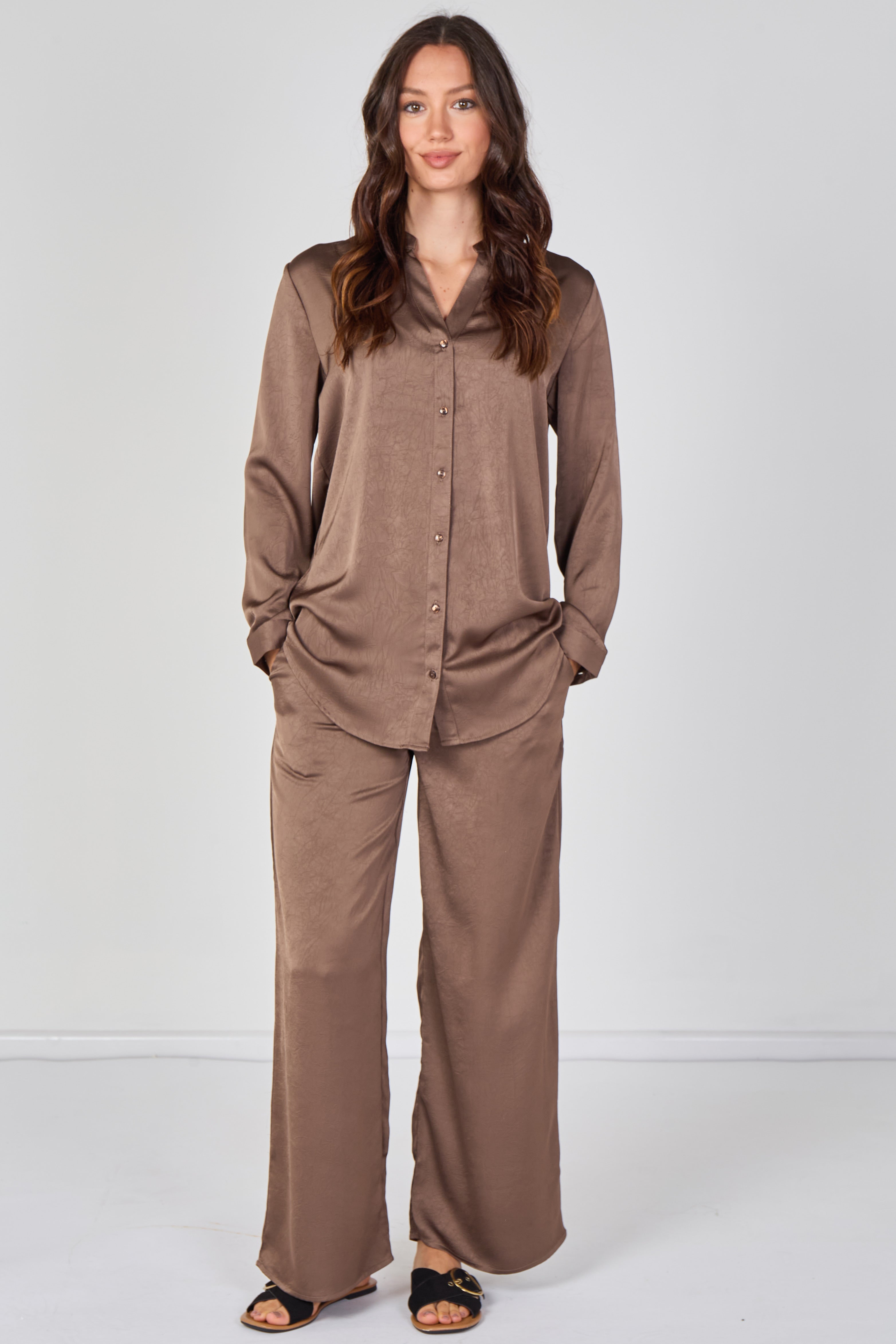 8Pcs Mocha Satin Shirt & Straight Leg Trousers Co-Ord Set