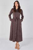 8Pcs Mocha Brown Velvety Satin Belted Maxi Shirt Dress