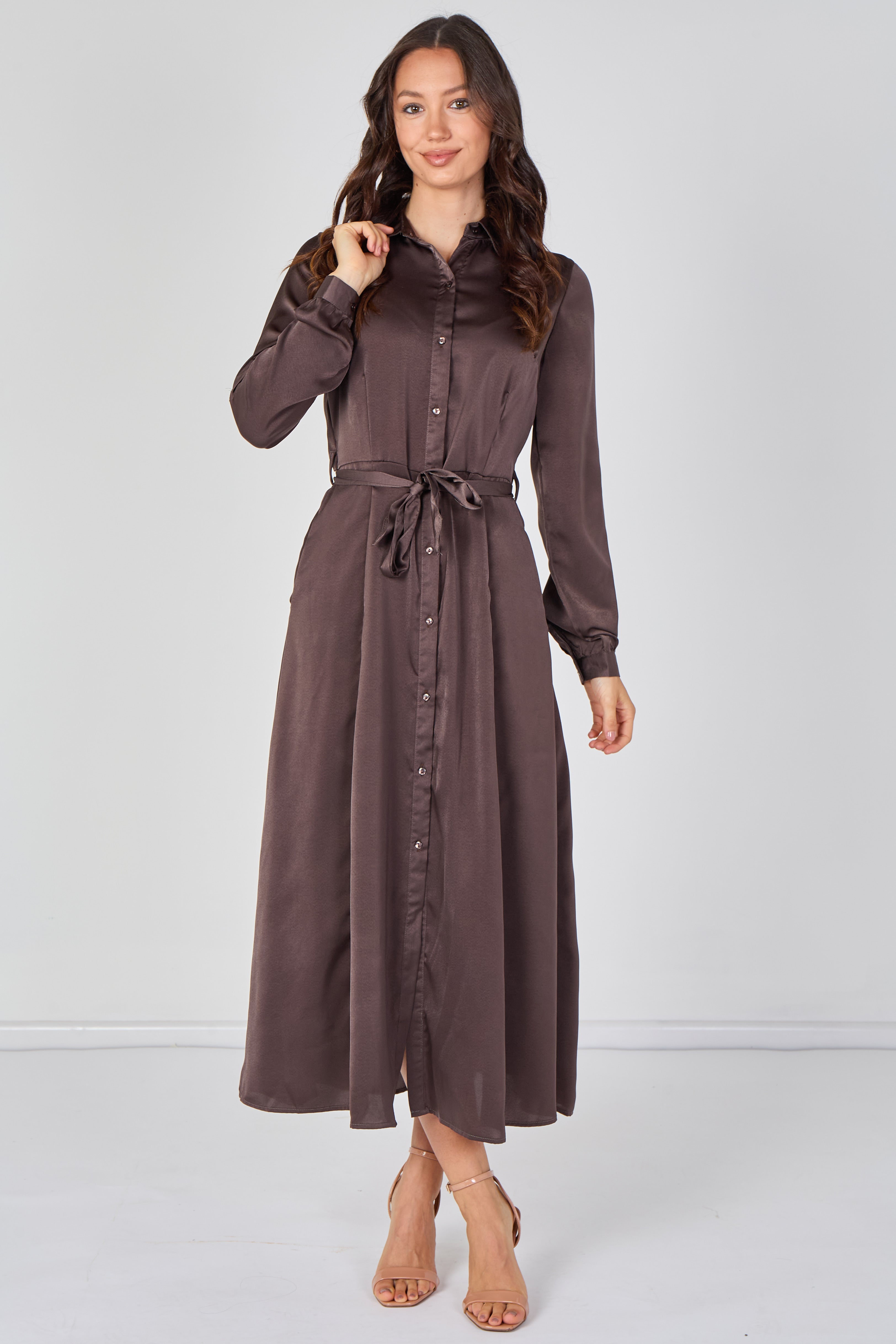 8Pcs Mocha Brown Velvety Satin Belted Maxi Shirt Dress