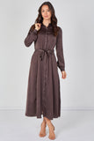 8Pcs Mocha Brown Velvety Satin Belted Maxi Shirt Dress