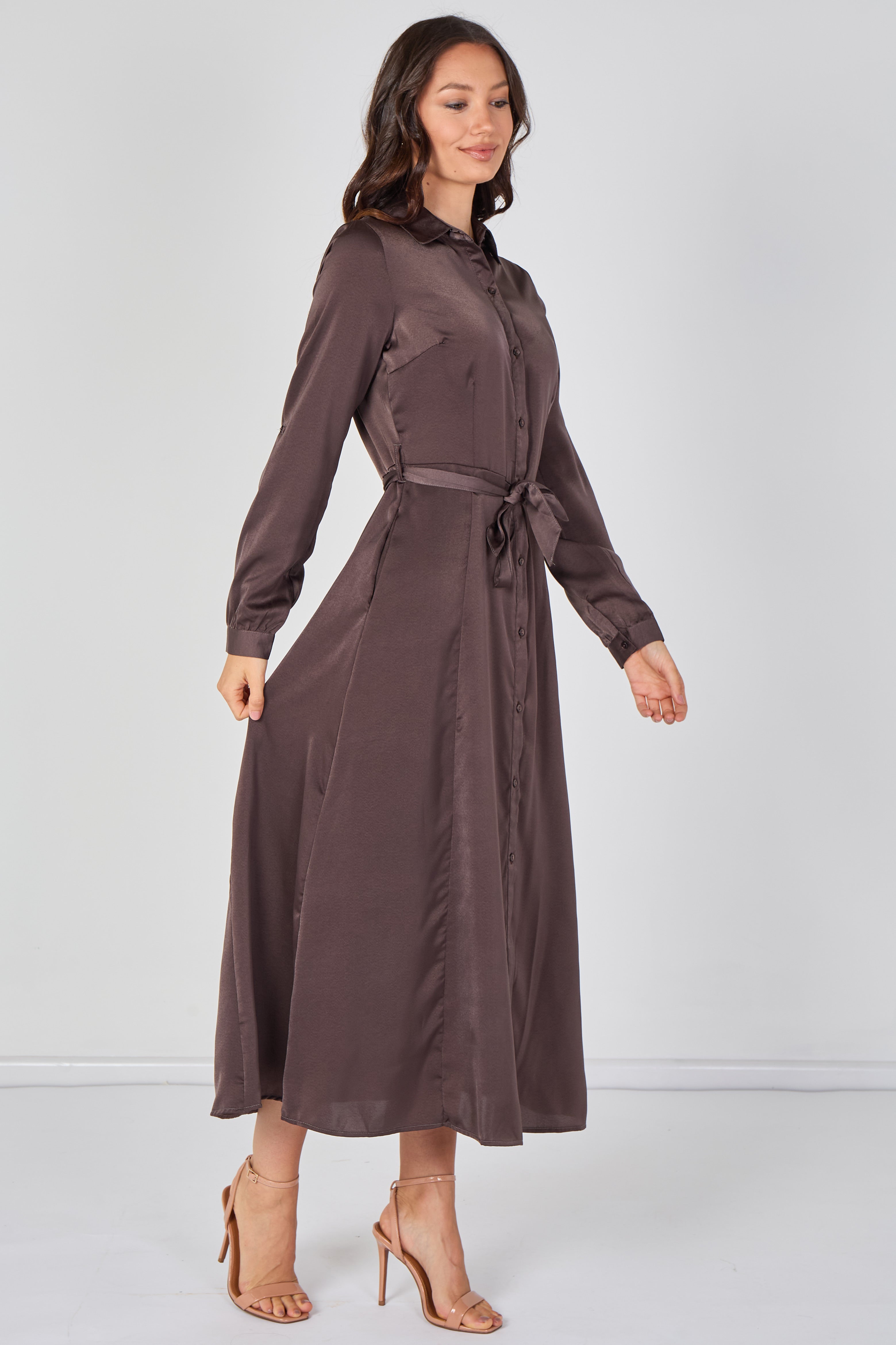 8Pcs Mocha Brown Velvety Satin Belted Maxi Shirt Dress