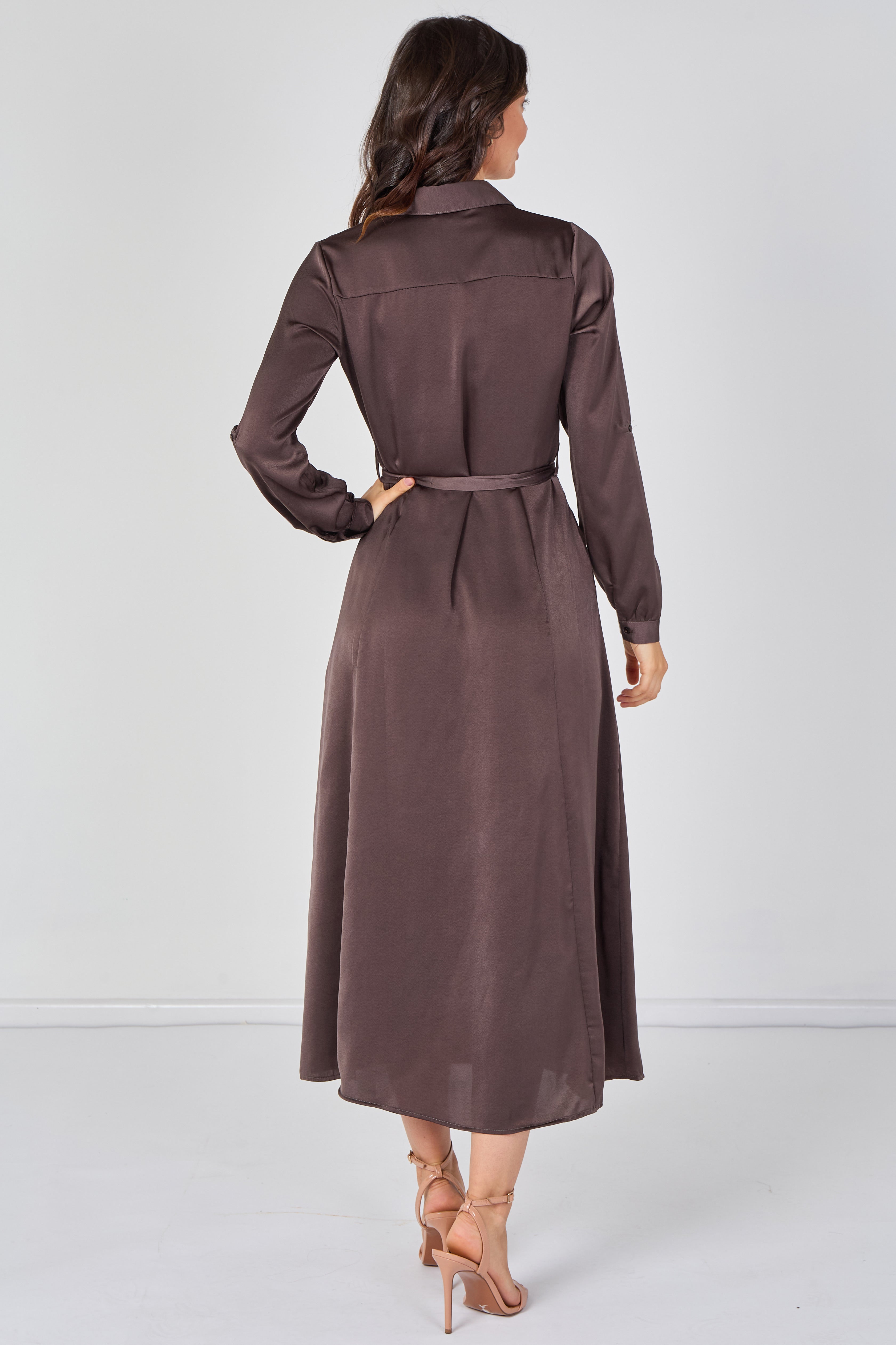 8Pcs Mocha Brown Velvety Satin Belted Maxi Shirt Dress