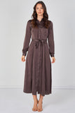 Love Sunshine Mocha Brown Velvety Satin Belted Maxi Shirt Dress Brunch Dress Casual Dress DB Dress with Pockets Dresses Everyday Dress Garden Party Dress Holiday Dress Long Sleeve Dress LS-2443L Plain Dress Wedding Guest Dress