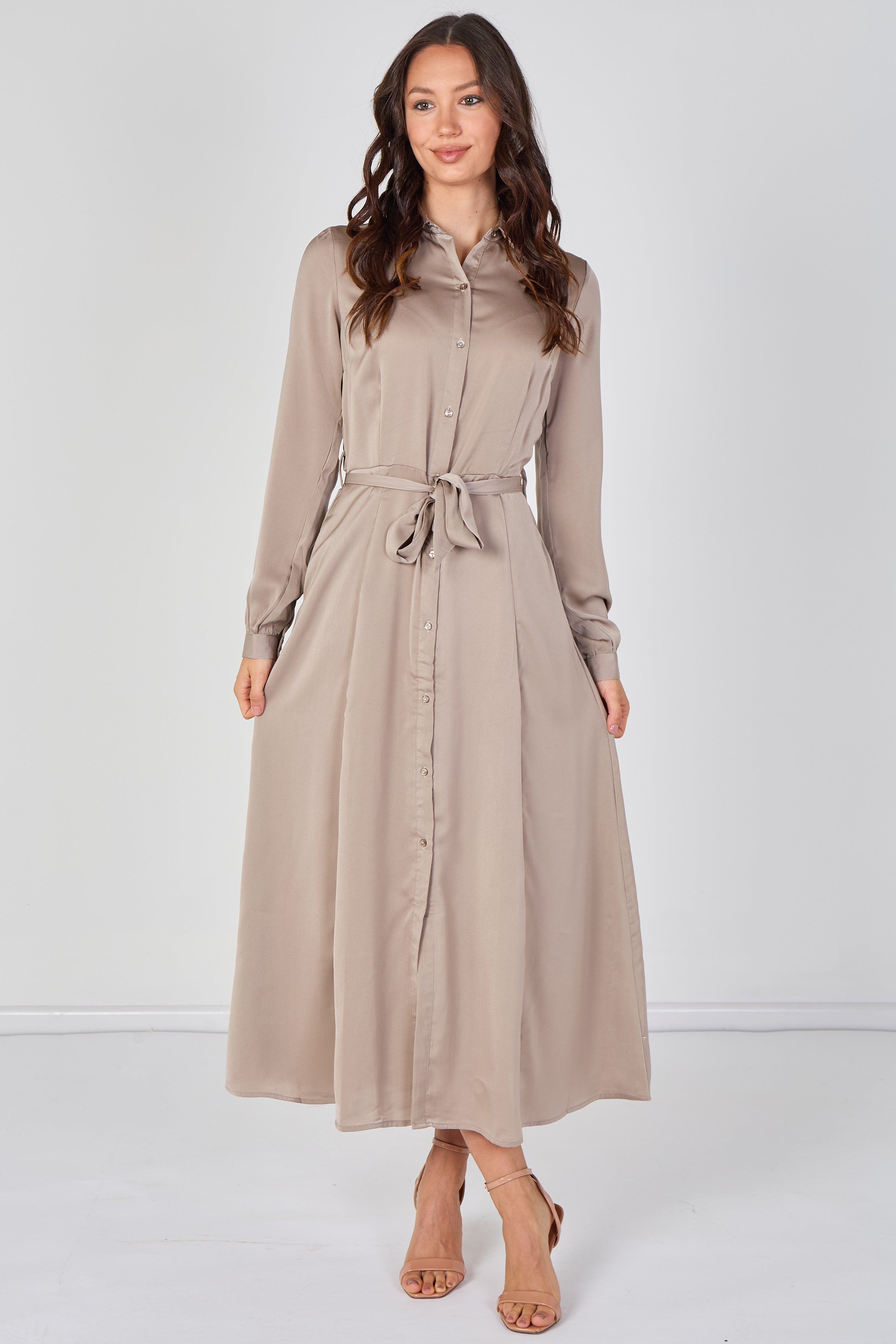 8Pcs Biege Velvety Satin Maxi Shirt Dress