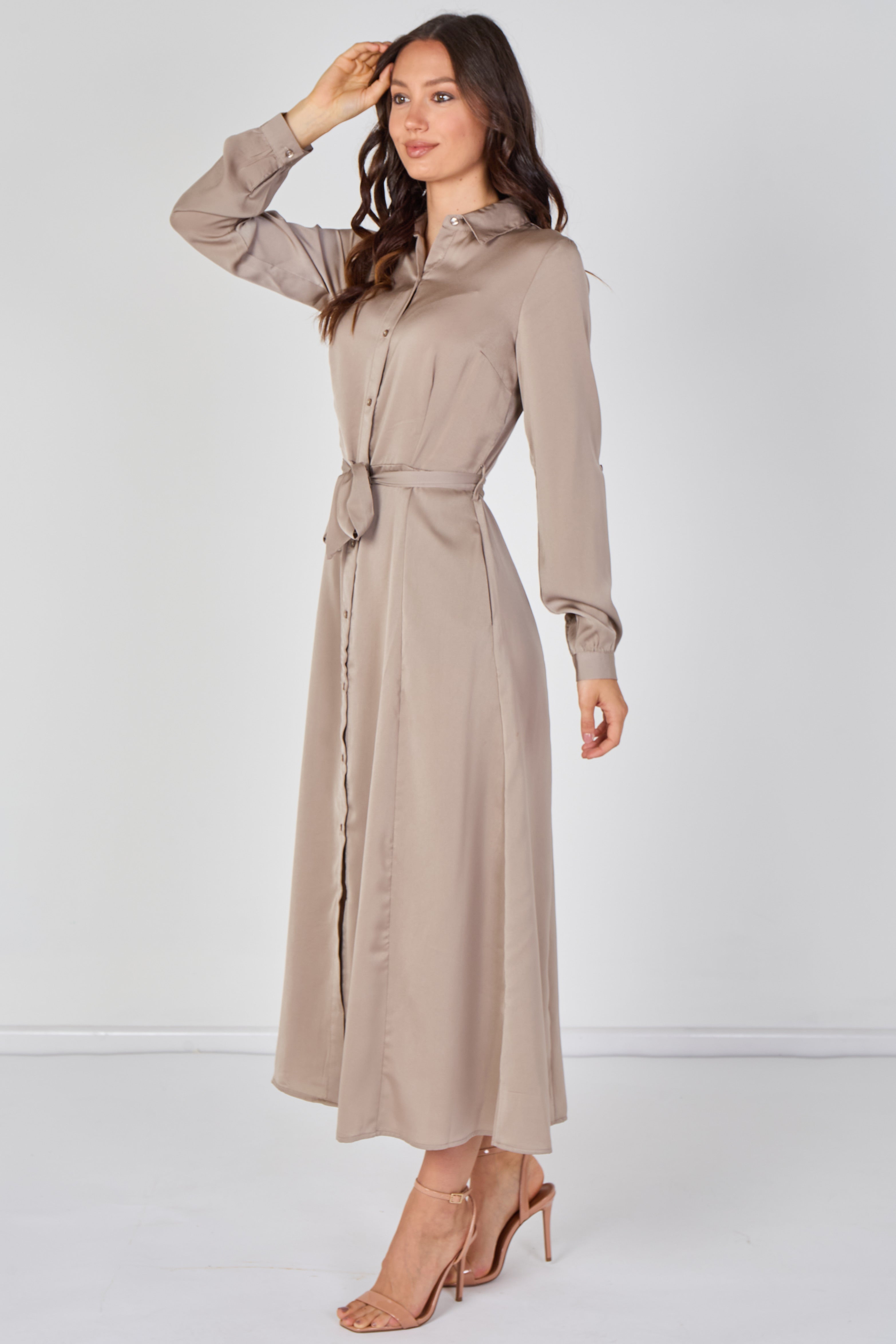 8Pcs Biege Velvety Satin Maxi Shirt Dress