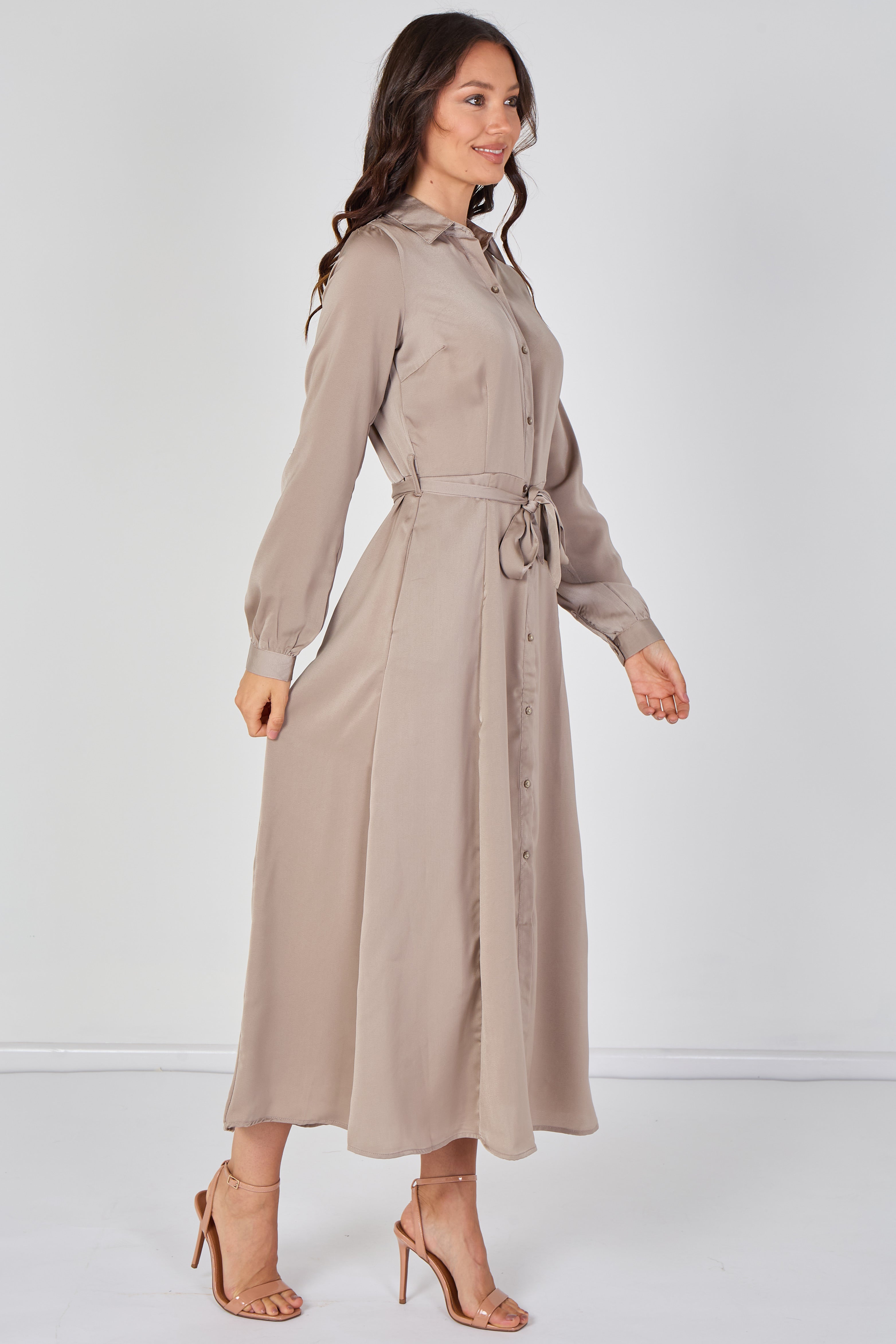 8Pcs Biege Velvety Satin Maxi Shirt Dress