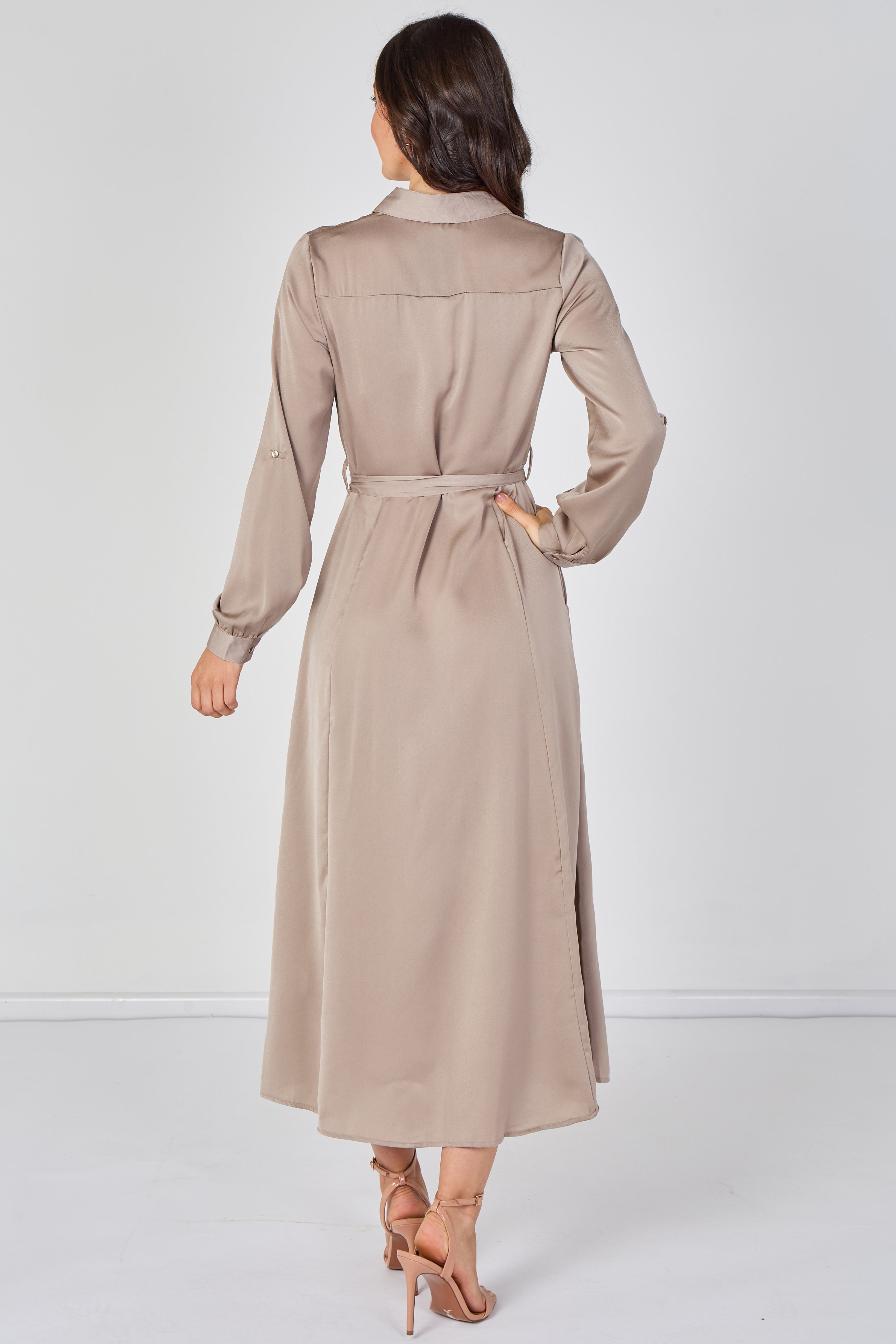 8Pcs Biege Velvety Satin Maxi Shirt Dress