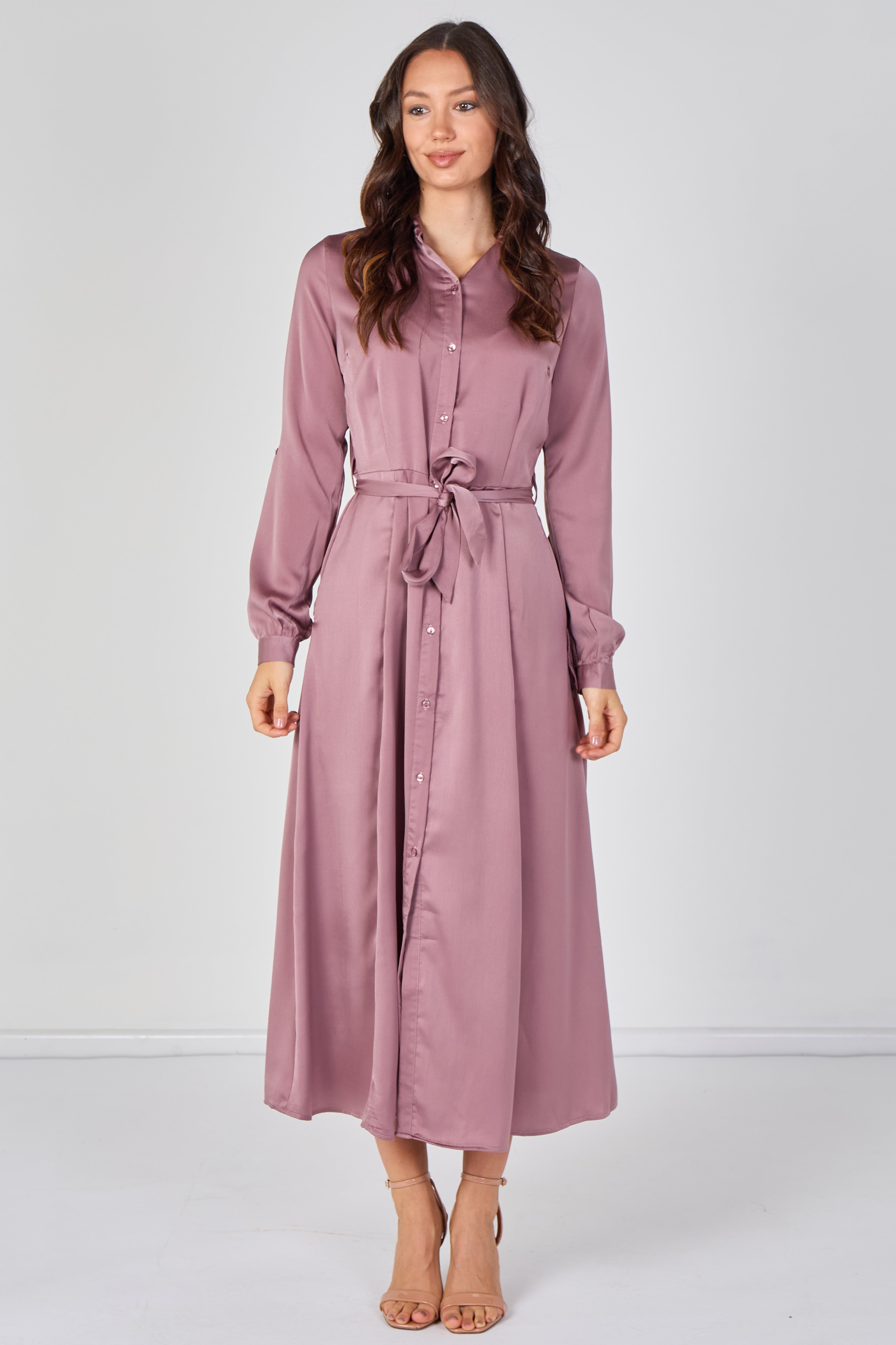 Love Sunshine Dusty Rose Velvety Satin Belted Maxi Shirt Dress Brunch Dress Casual Dress DB Dress with Pockets Dresses Everyday Dress Garden Party Dress Holiday Dress Long Sleeve Dress LS-2443L Plain Dress Wedding Guest Dress