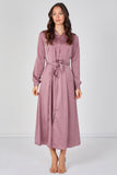 Love Sunshine Dusty Rose Velvety Satin Belted Maxi Shirt Dress Brunch Dress Casual Dress DB Dress with Pockets Dresses Everyday Dress Garden Party Dress Holiday Dress Long Sleeve Dress LS-2443L Plain Dress Wedding Guest Dress