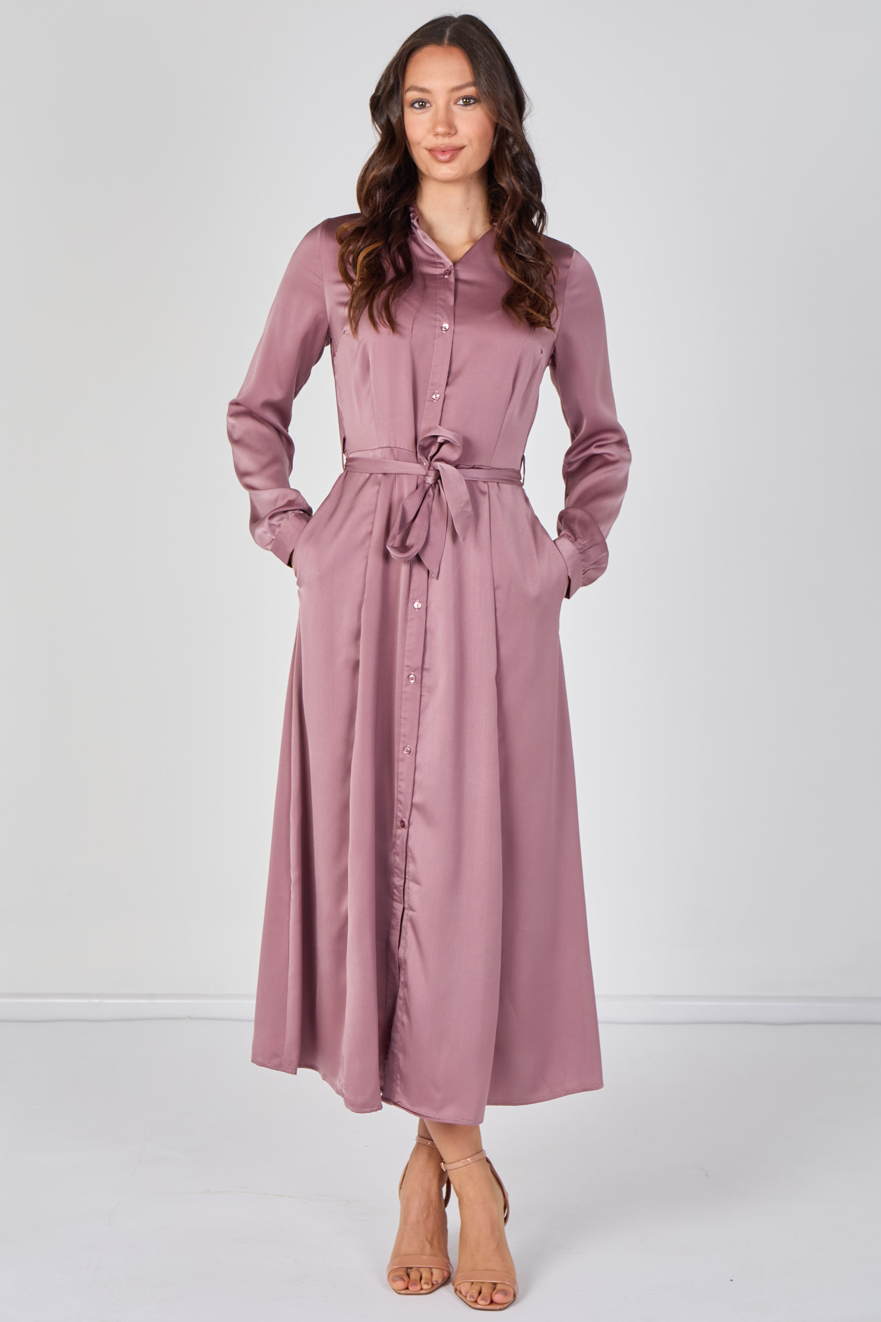 8Pcs Dusty Rose Velvety Satin Belted Maxi Shirt Dress