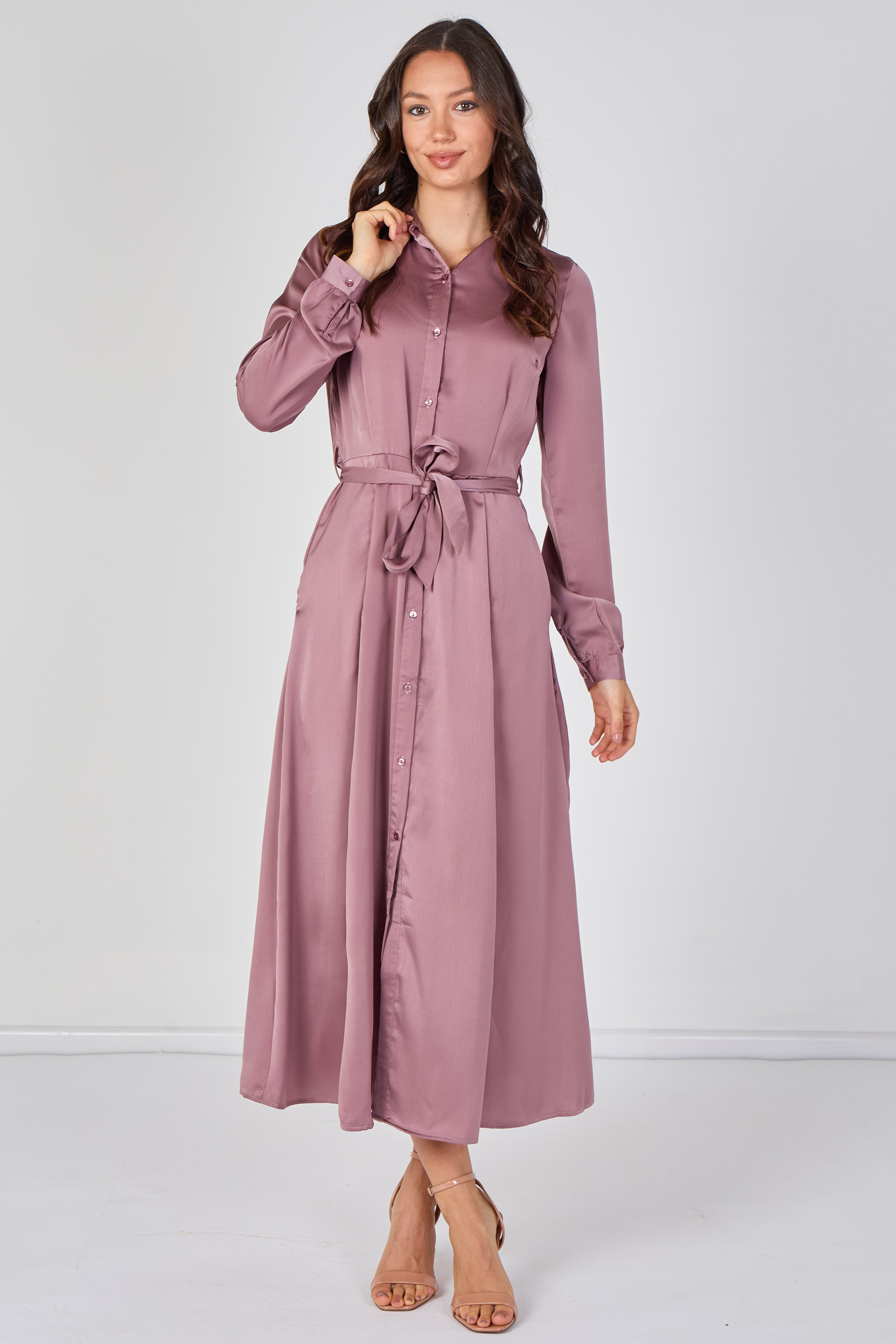 8Pcs Dusty Rose Velvety Satin Belted Maxi Shirt Dress