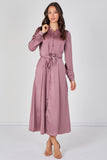 8Pcs Dusty Rose Velvety Satin Belted Maxi Shirt Dress