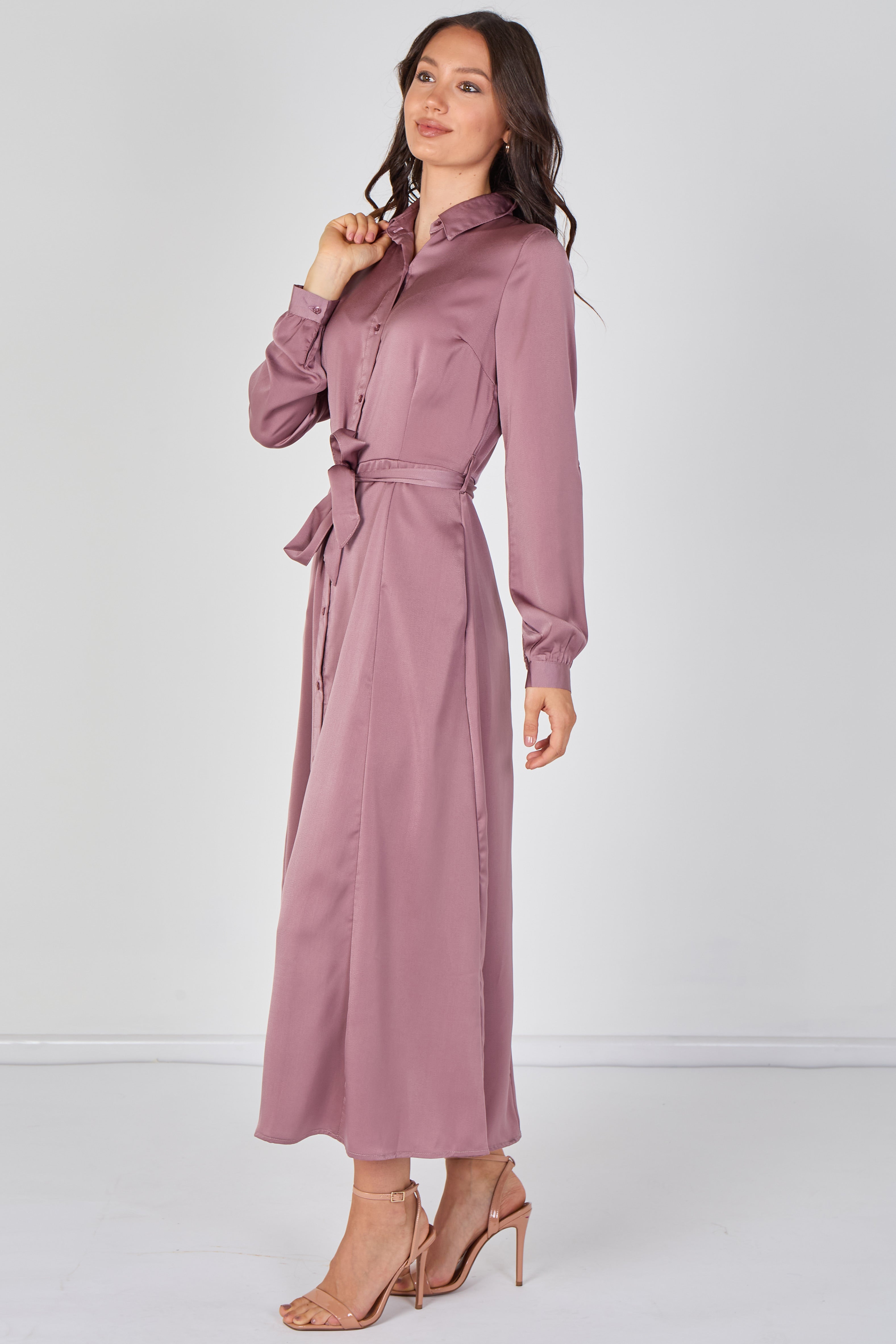 8Pcs Dusty Rose Velvety Satin Belted Maxi Shirt Dress