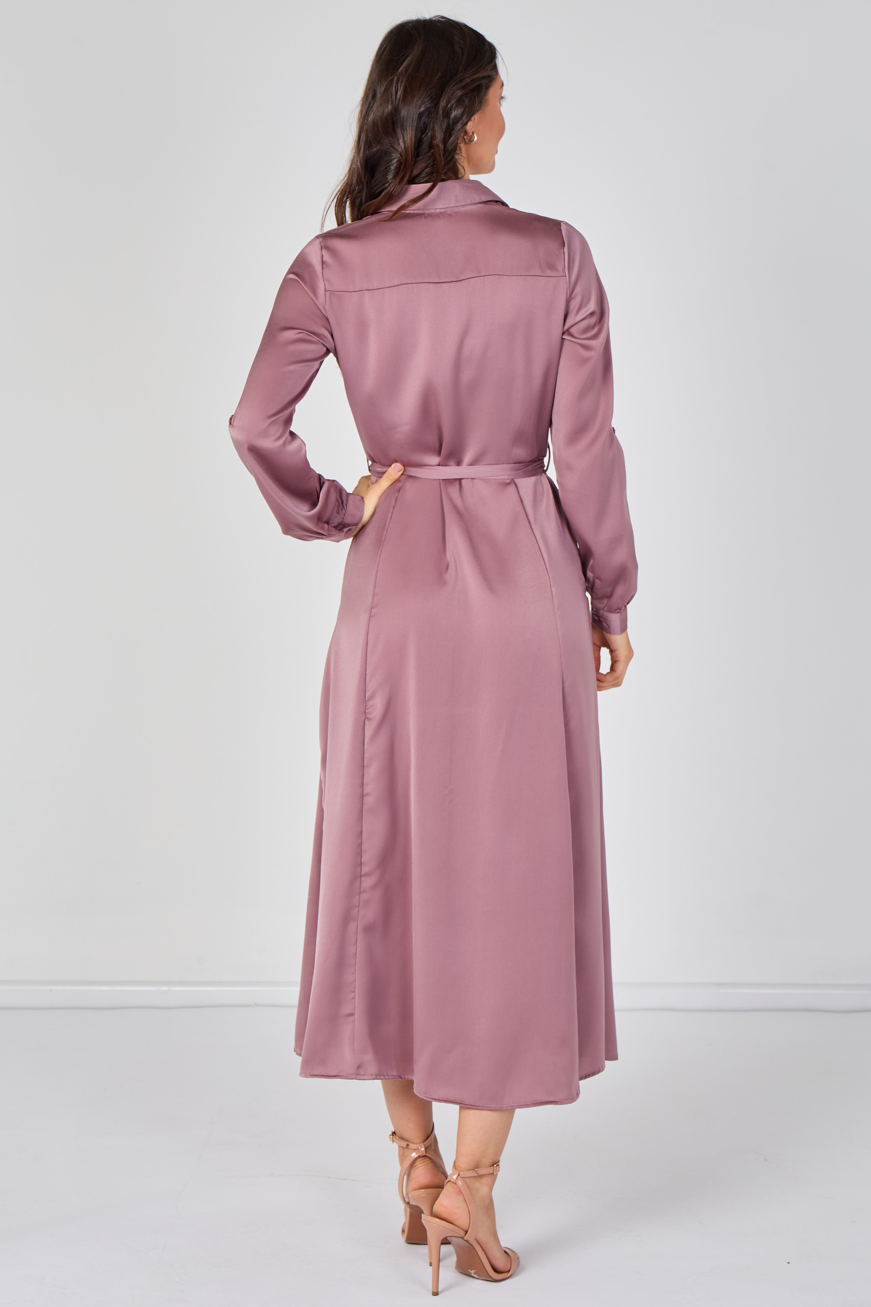 8Pcs Dusty Rose Velvety Satin Belted Maxi Shirt Dress