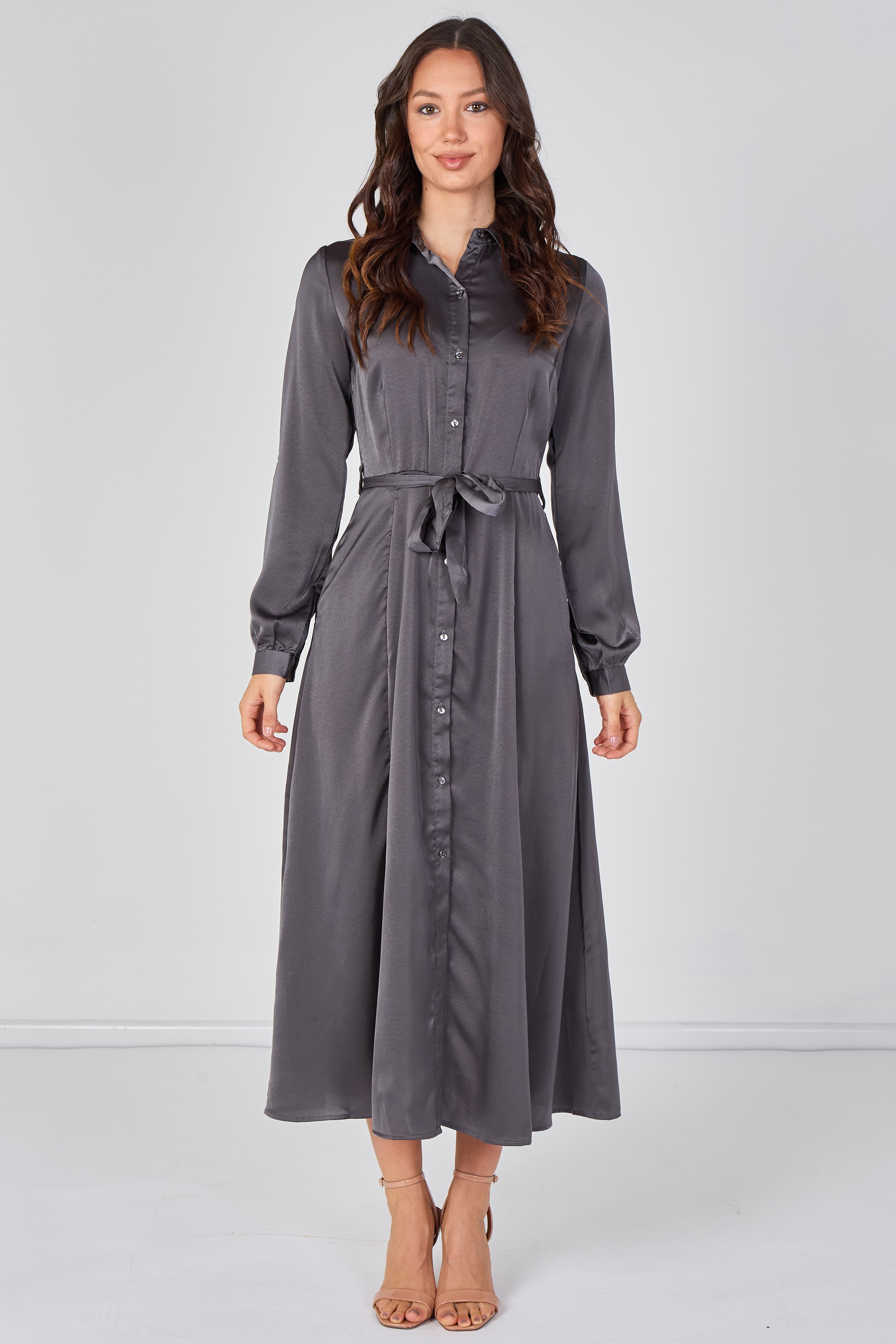 Love Sunshine Slate Grey Velvety Satin Belted Maxi Shirt Dress Brunch Dress Casual Dress DB Dress with Pockets Dresses Everyday Dress Garden Party Dress Holiday Dress Long Sleeve Dress LS-2443L Plain Dress Wedding Guest Dress