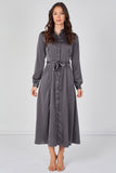 Love Sunshine Slate Grey Velvety Satin Belted Maxi Shirt Dress Brunch Dress Casual Dress DB Dress with Pockets Dresses Everyday Dress Garden Party Dress Holiday Dress Long Sleeve Dress LS-2443L Plain Dress Wedding Guest Dress