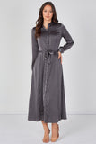 8Pcs Slate Grey Velvety Satin Belted Maxi Shirt Dress