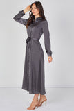 8Pcs Slate Grey Velvety Satin Belted Maxi Shirt Dress