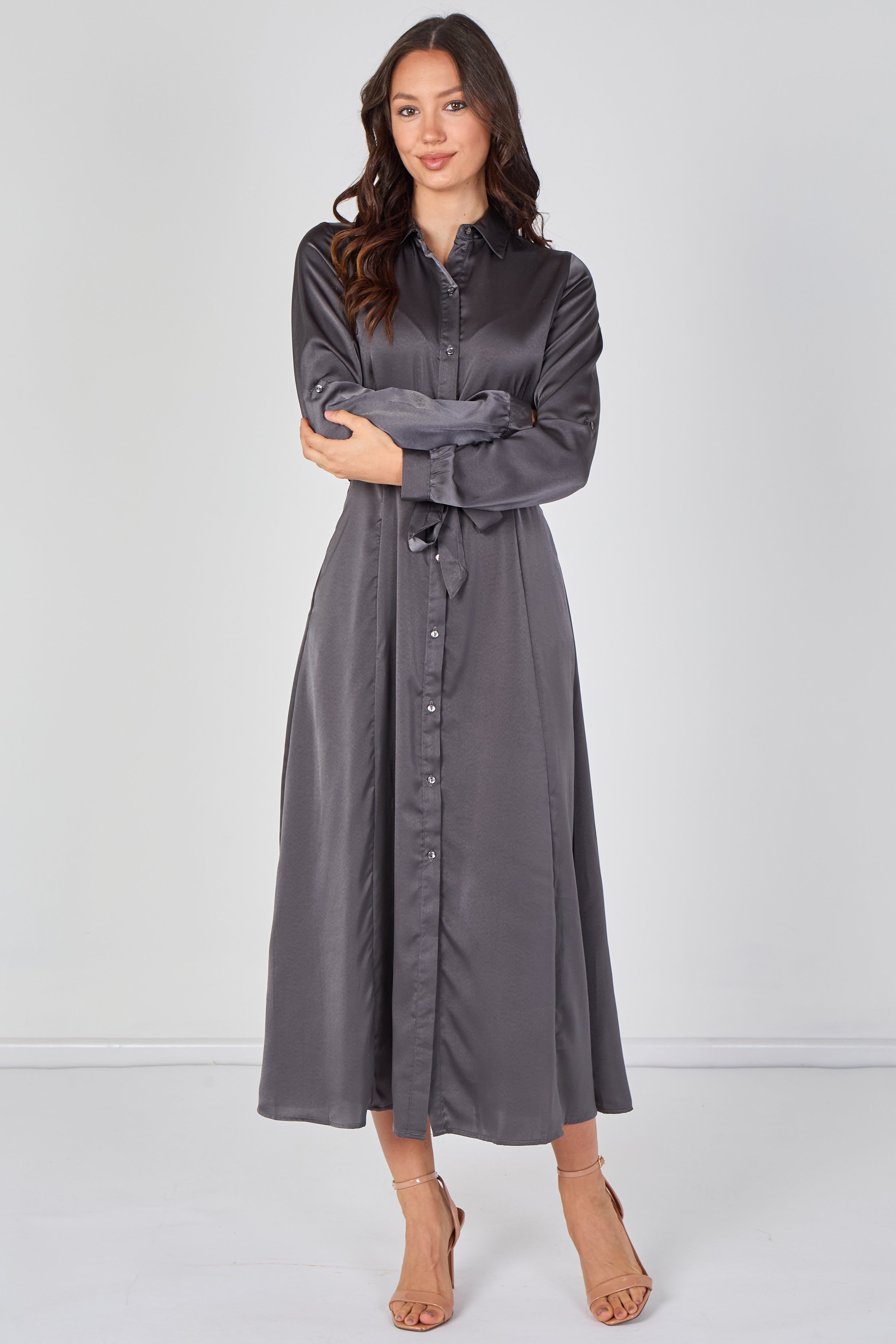 8Pcs Slate Grey Velvety Satin Belted Maxi Shirt Dress