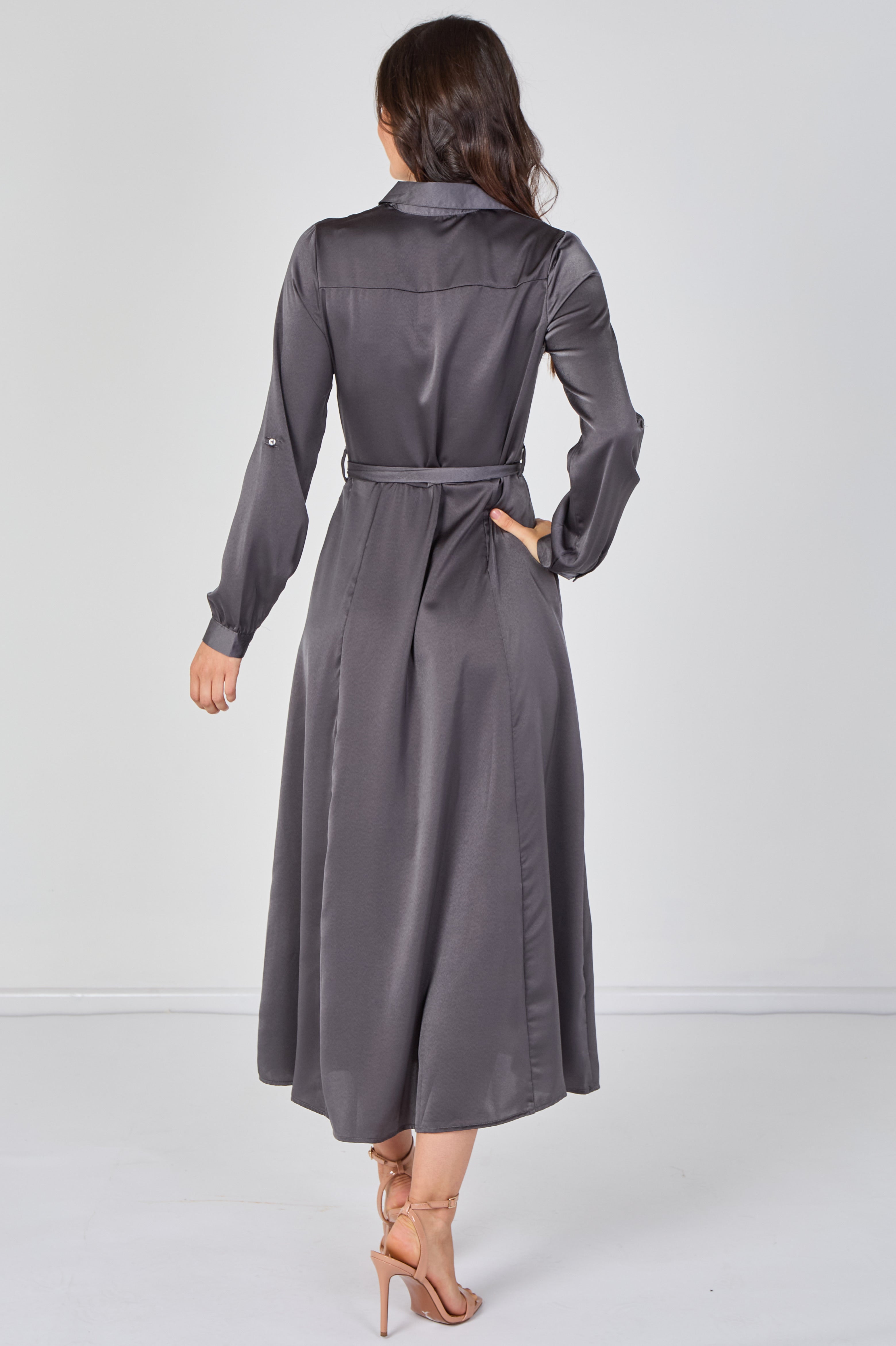 8Pcs Slate Grey Velvety Satin Belted Maxi Shirt Dress