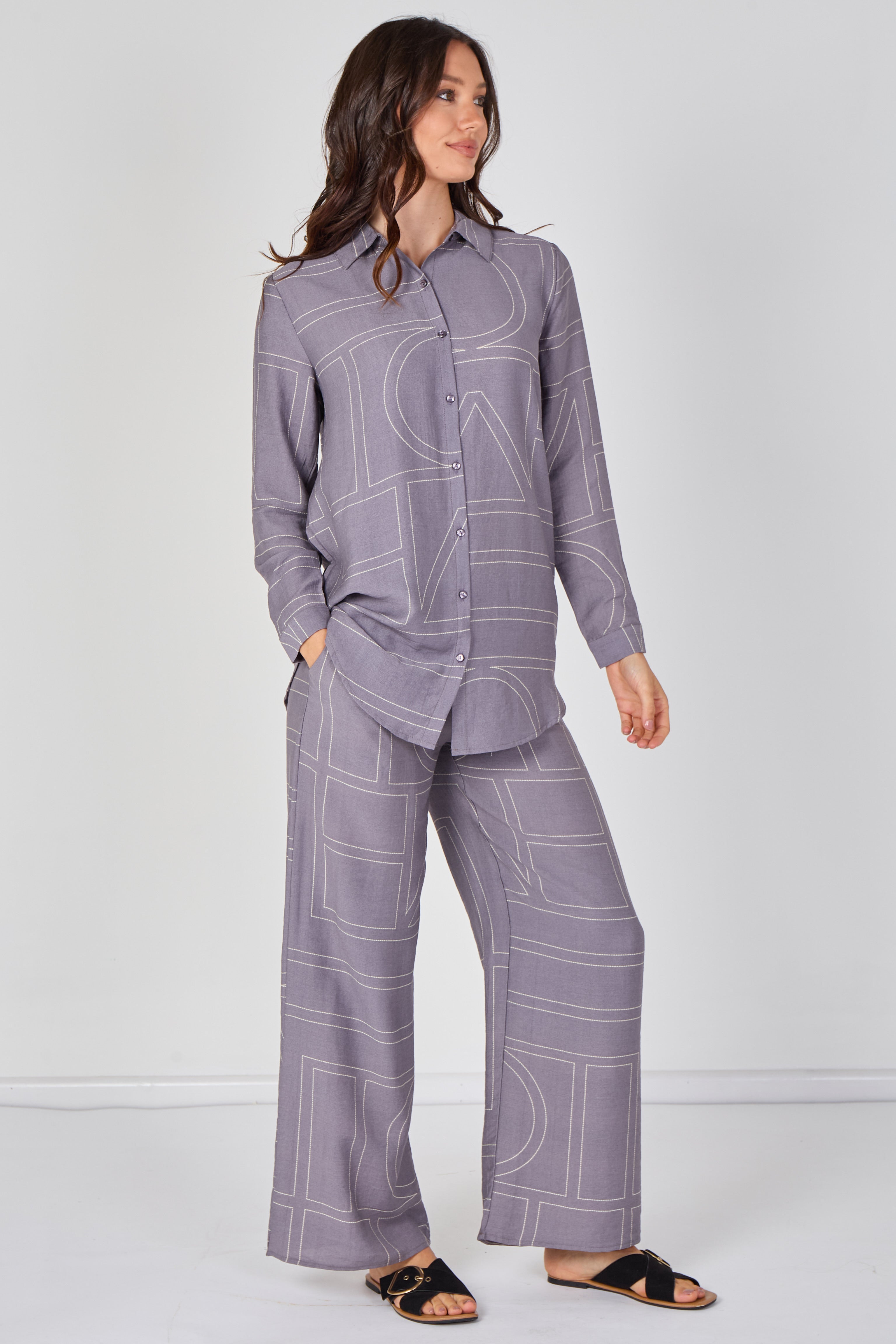 8Pcs Grey Geometric Print Shirt andTrouser Co-Ord Set