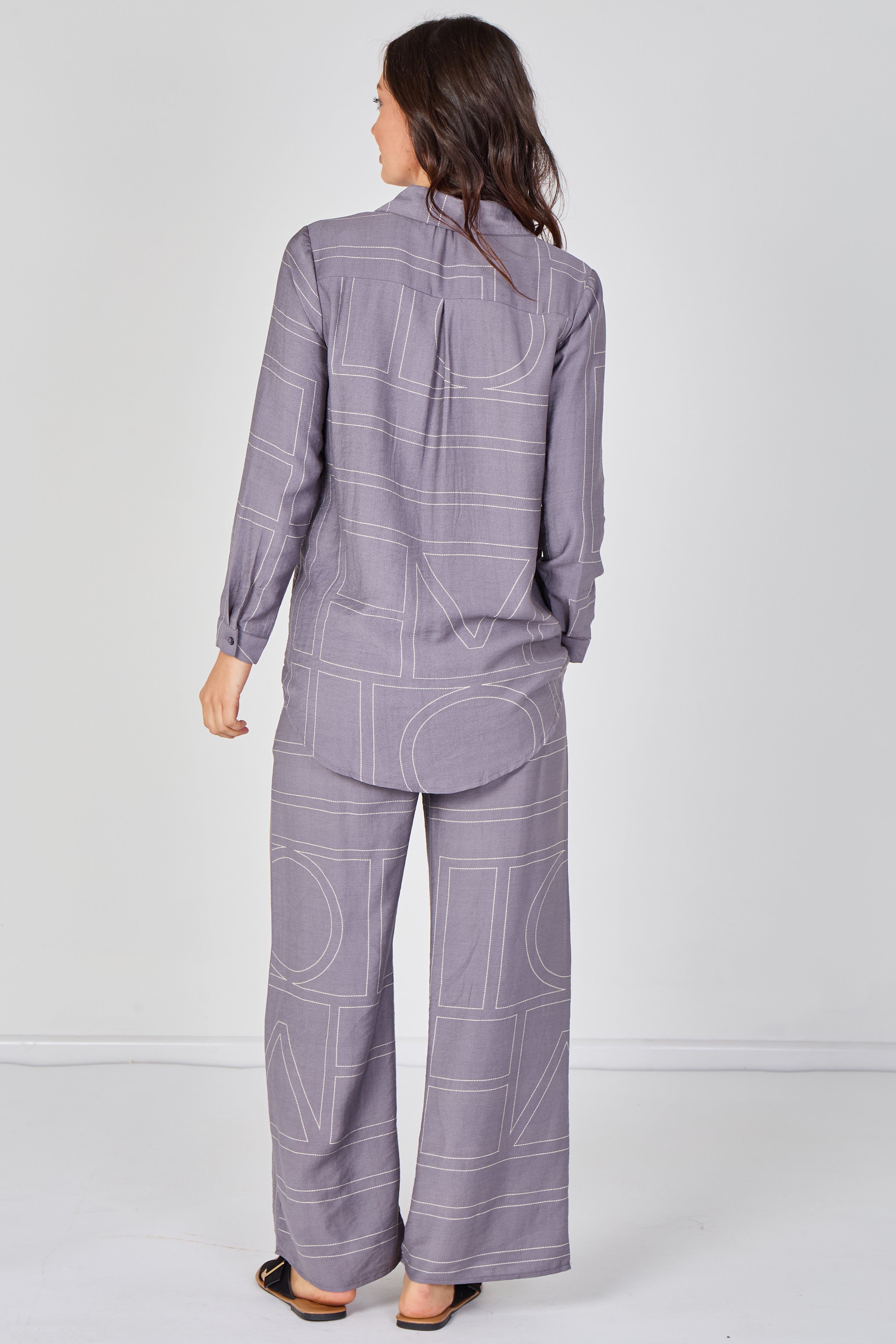 8Pcs Grey Geometric Print Shirt andTrouser Co-Ord Set