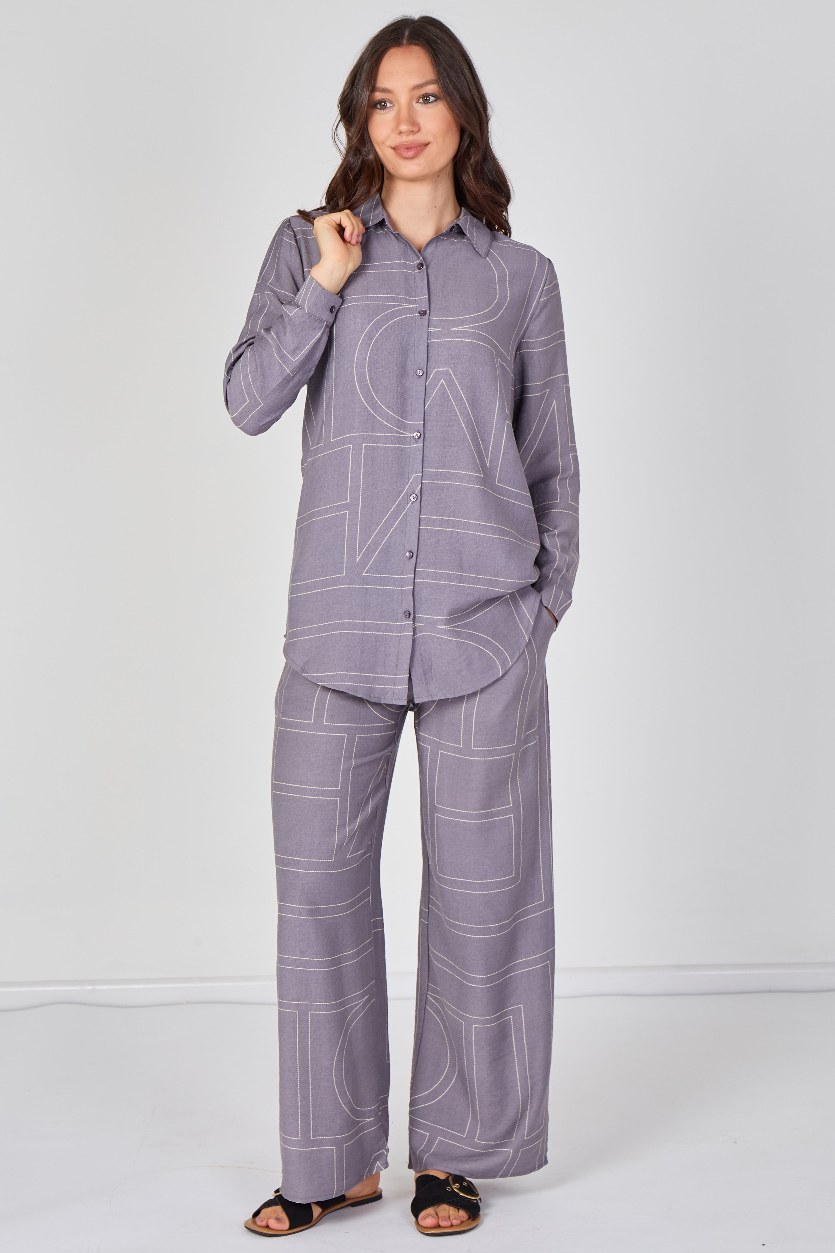 8Pcs Grey Geometric Print Shirt andTrouser Co-Ord Set