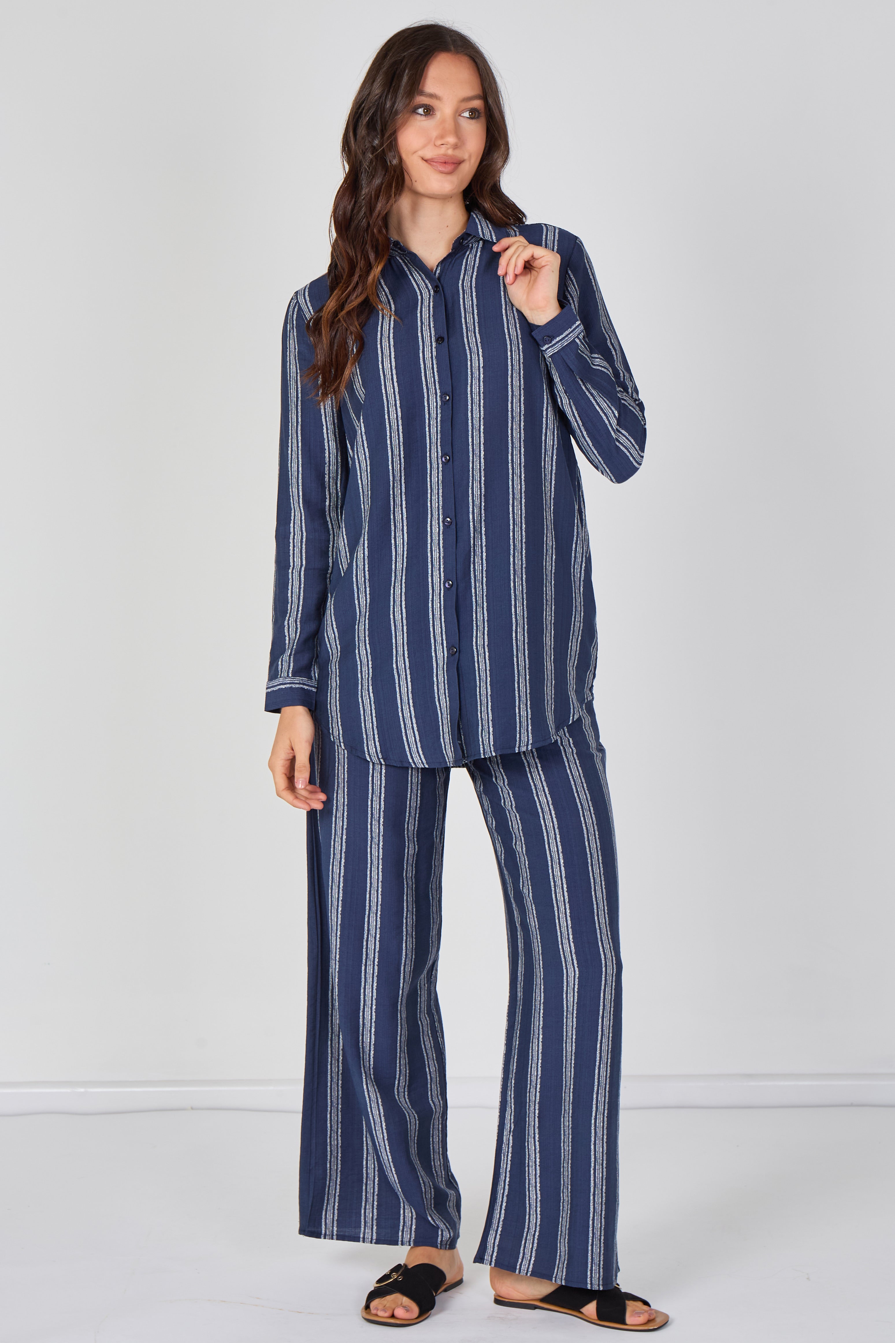 8Pcs Navy Stripe Shirt and Trouser Co-Ord Set