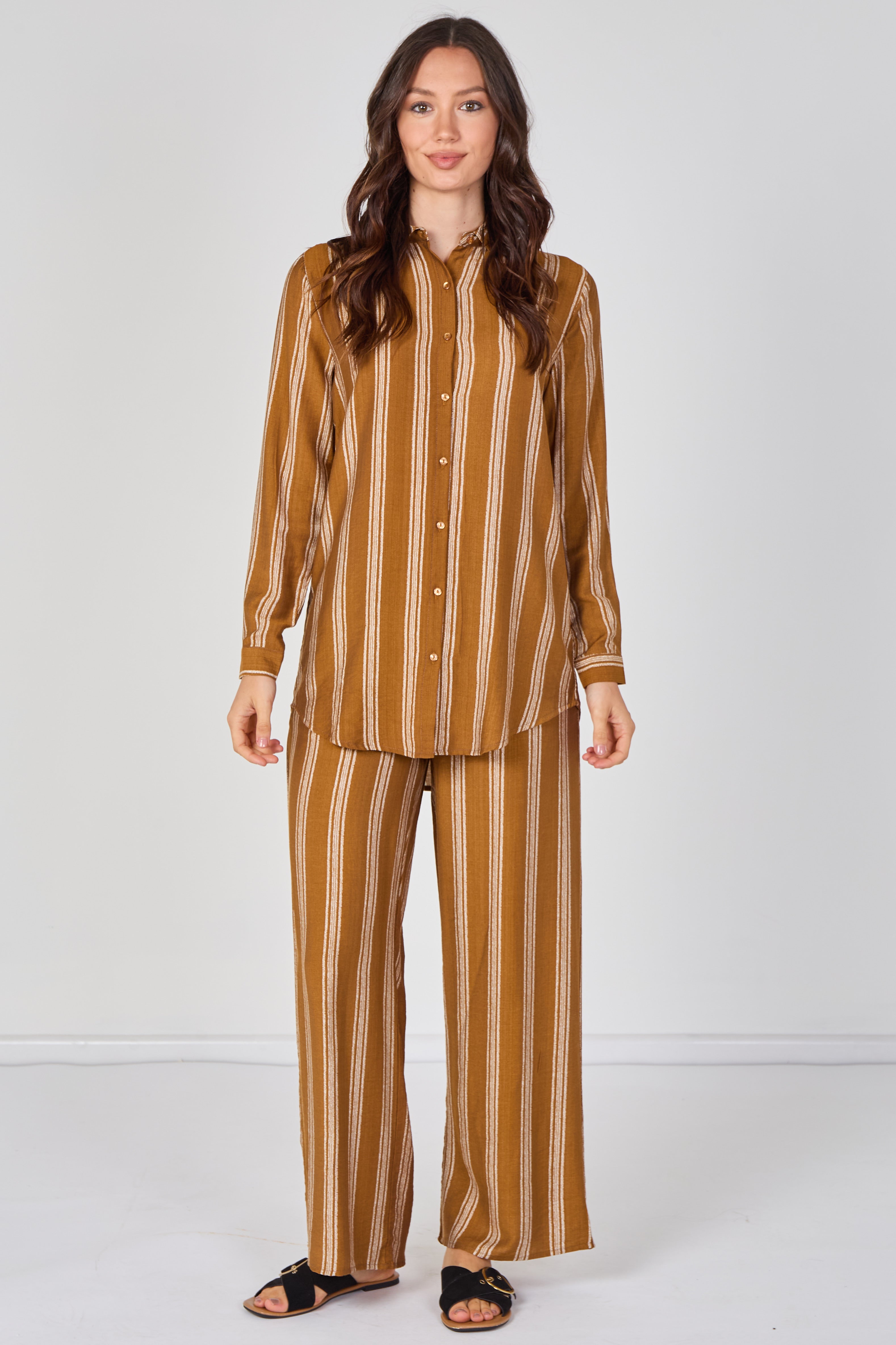 8Pcs Mustard Stripe Shirt and Trouser Co-Ord Set