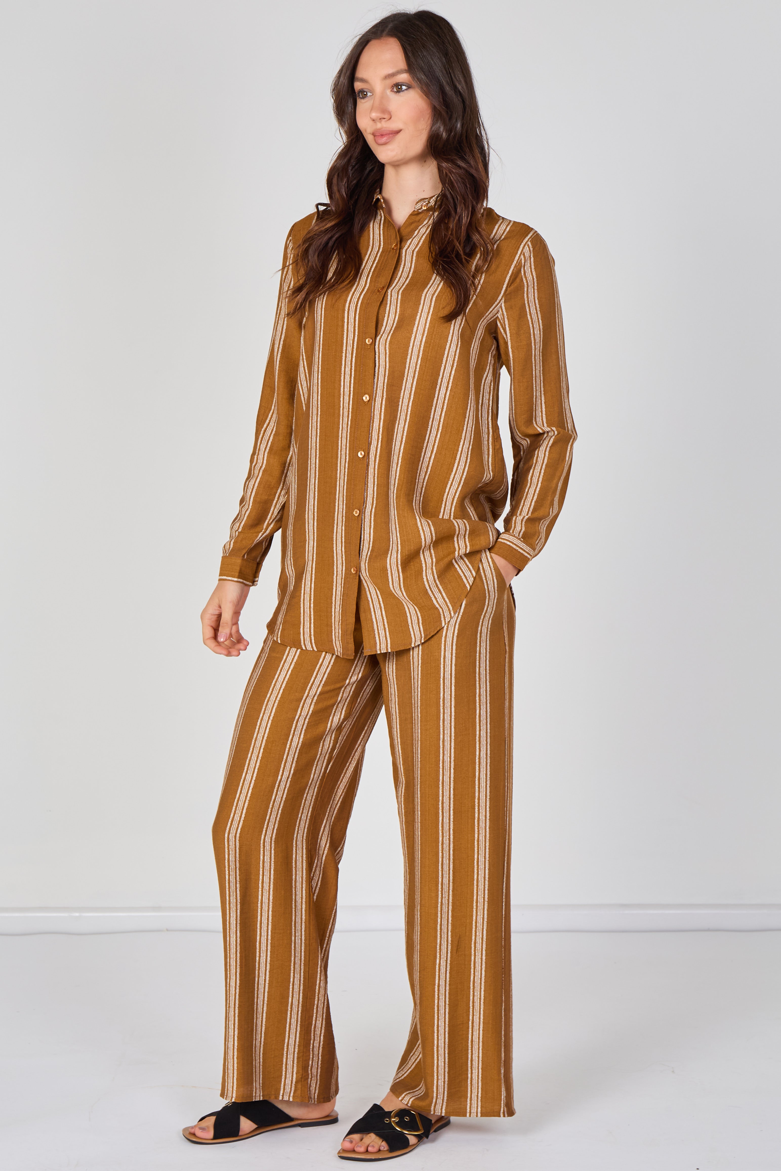 8Pcs Mustard Stripe Shirt and Trouser Co-Ord Set