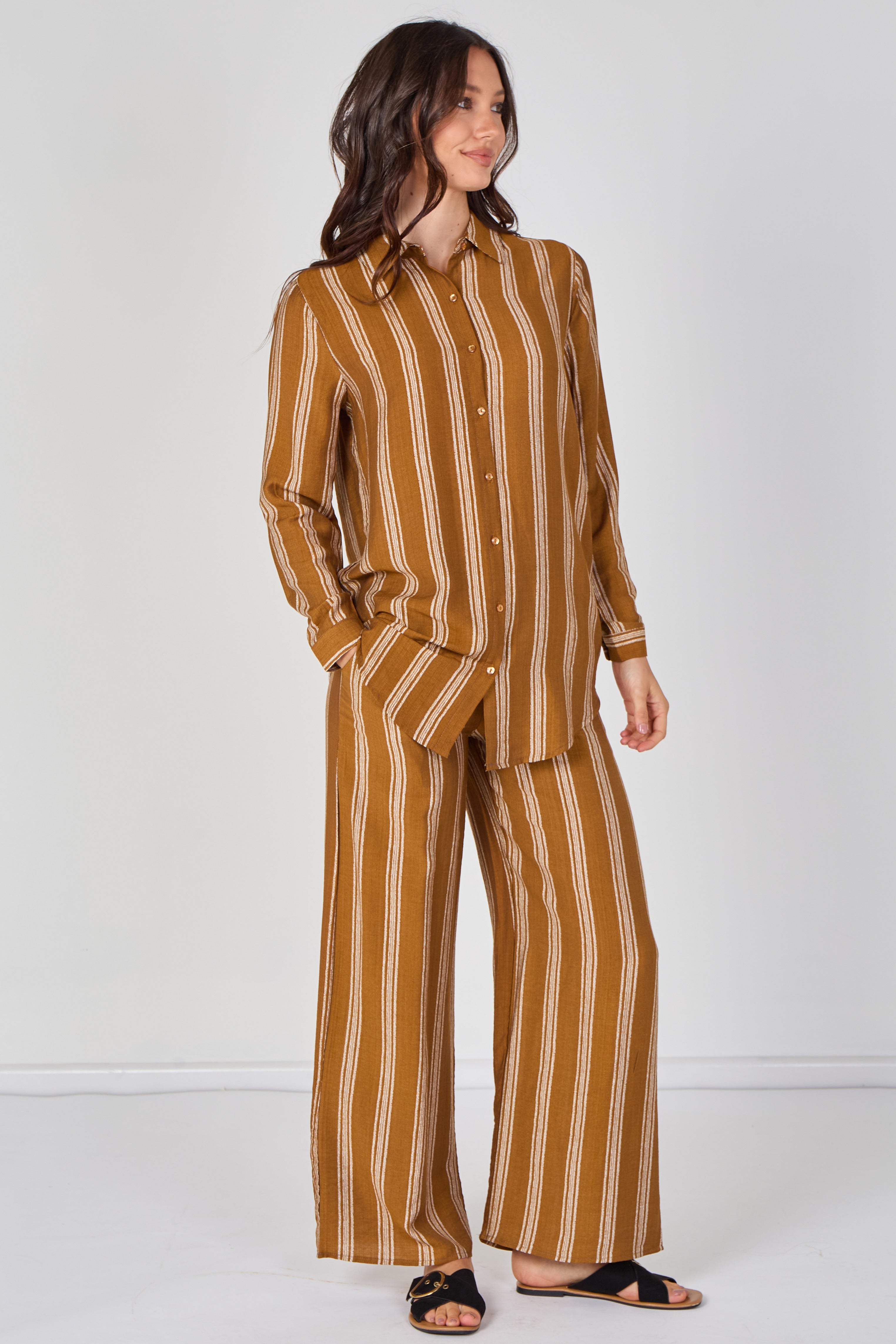 8Pcs Mustard Stripe Shirt and Trouser Co-Ord Set