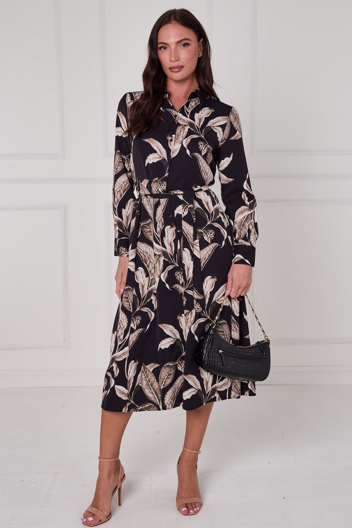 8Pcs Black Botanical Print Midi Shirt Dress