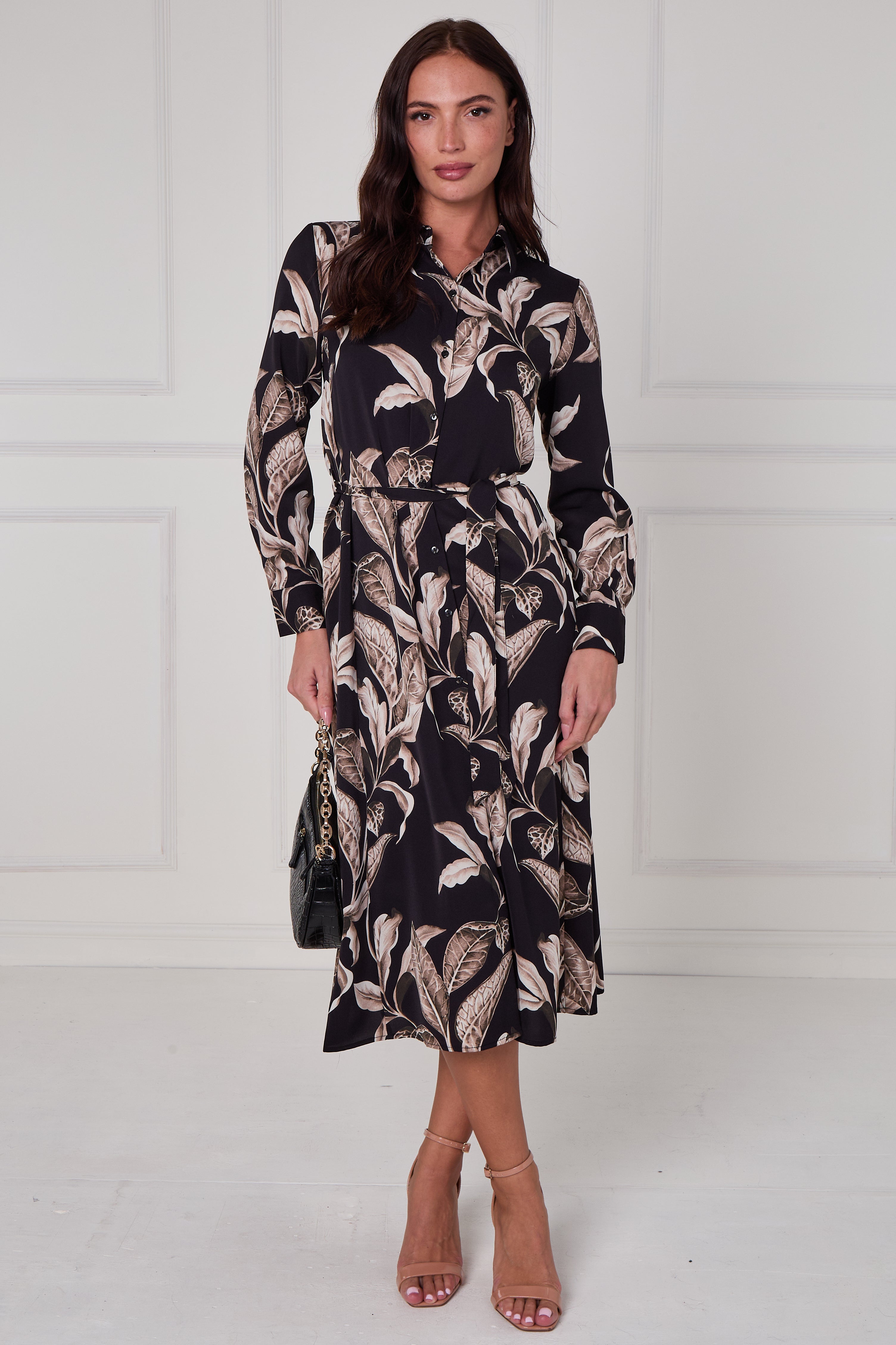 8Pcs Black Botanical Print Midi Shirt Dress