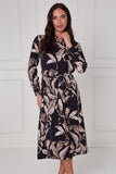 8Pcs Black Botanical Print Midi Shirt Dress