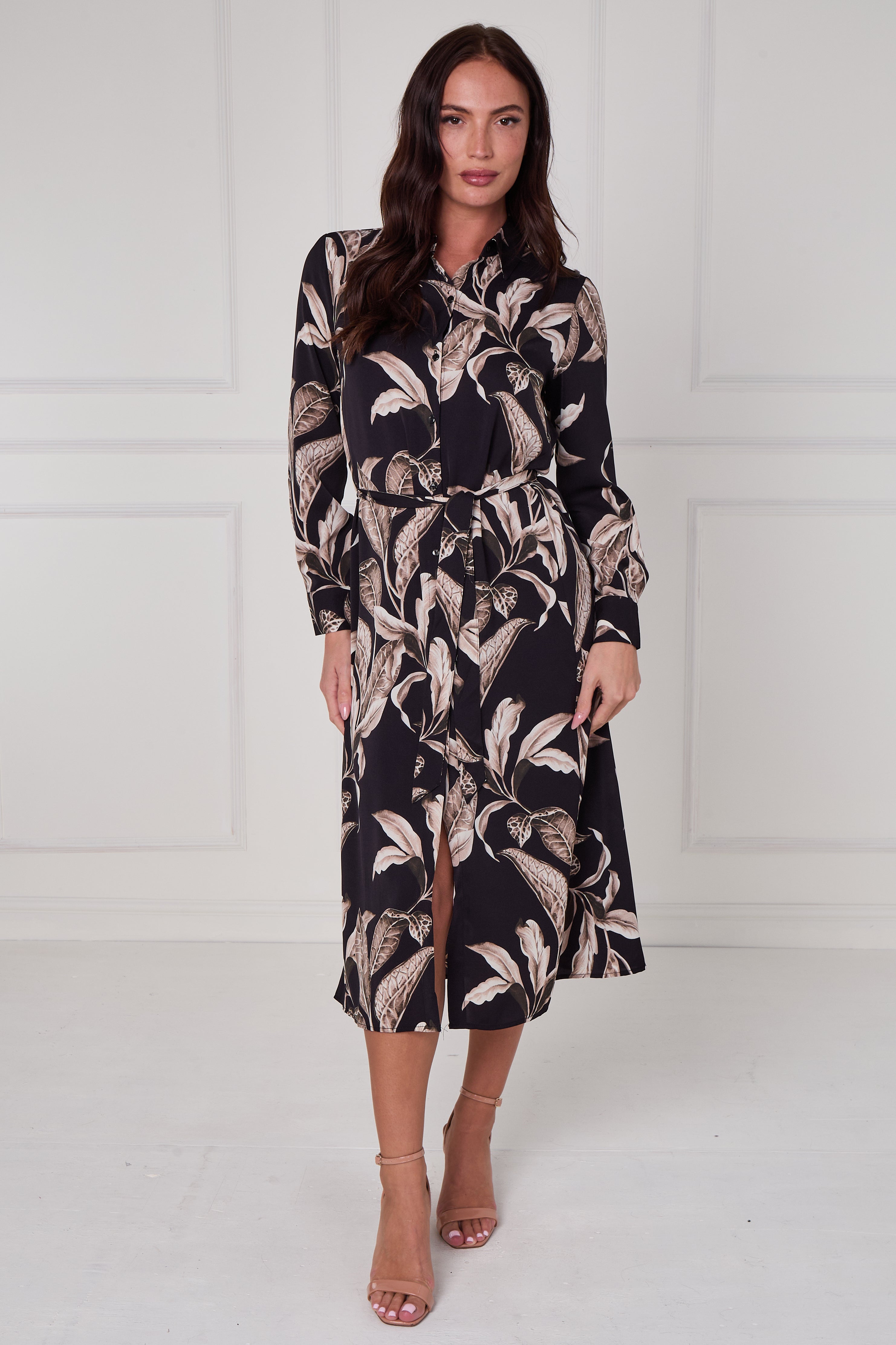 8Pcs Black Botanical Print Midi Shirt Dress
