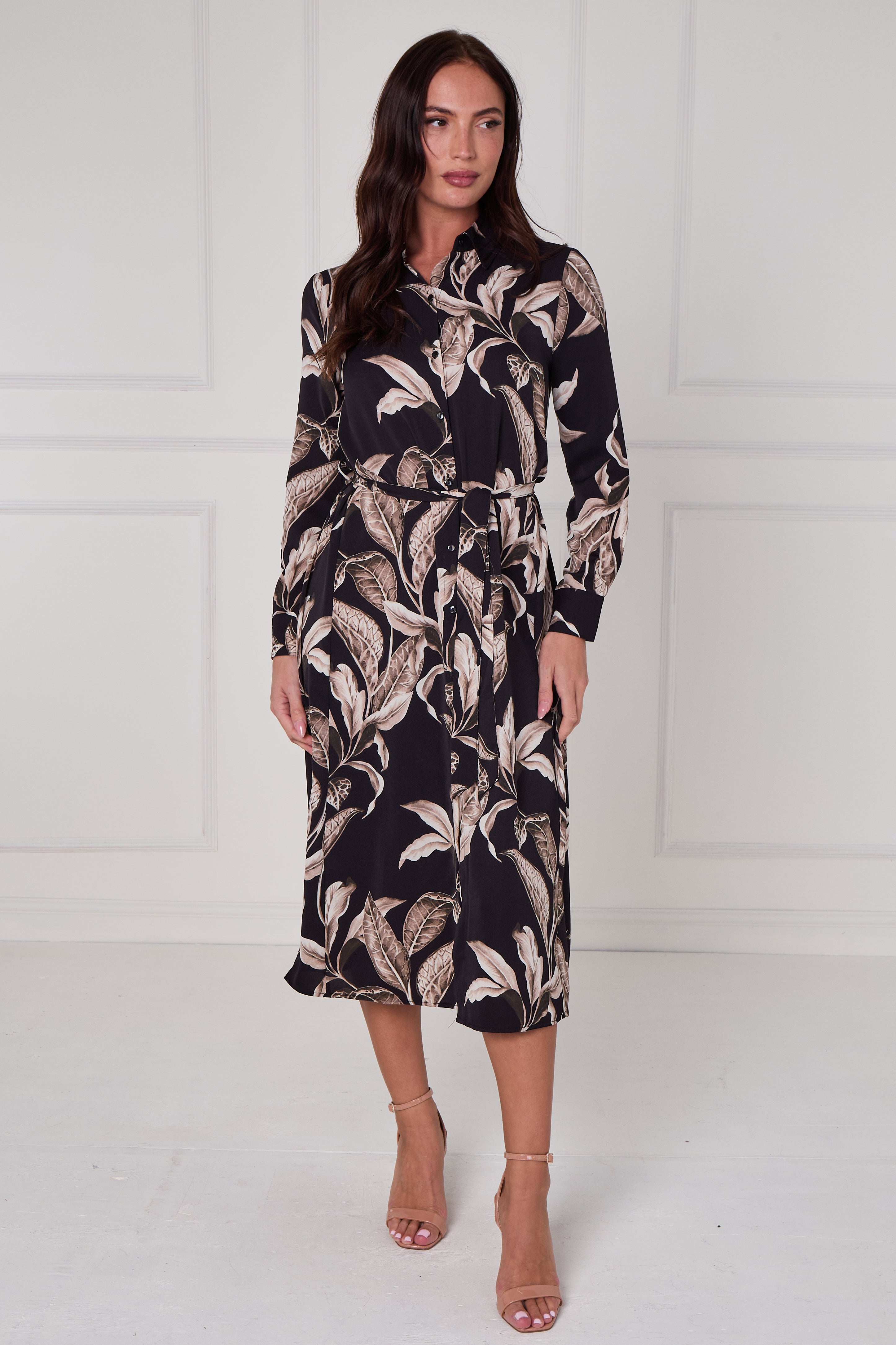 8Pcs Black Botanical Print Midi Shirt Dress