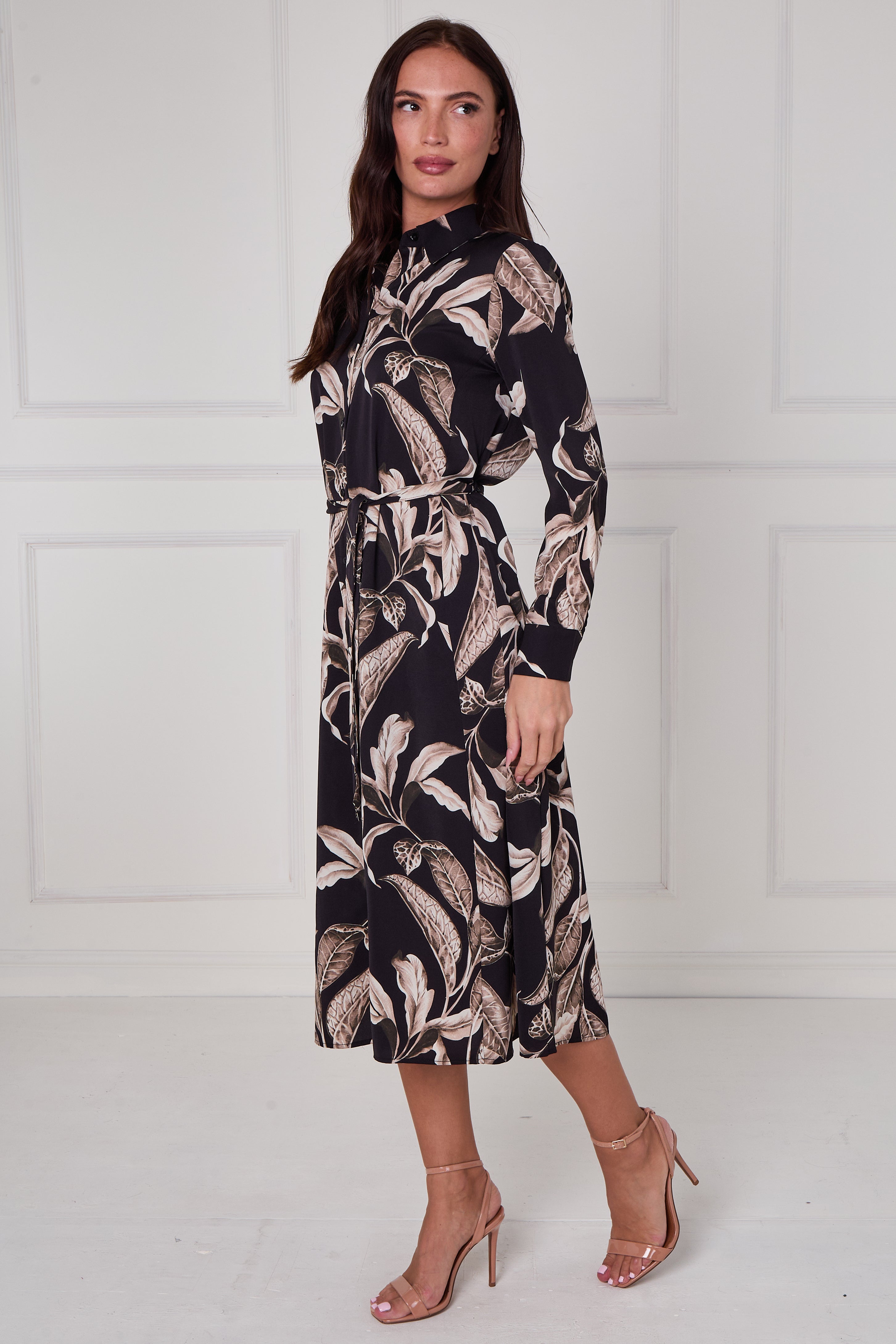 8Pcs Black Botanical Print Midi Shirt Dress